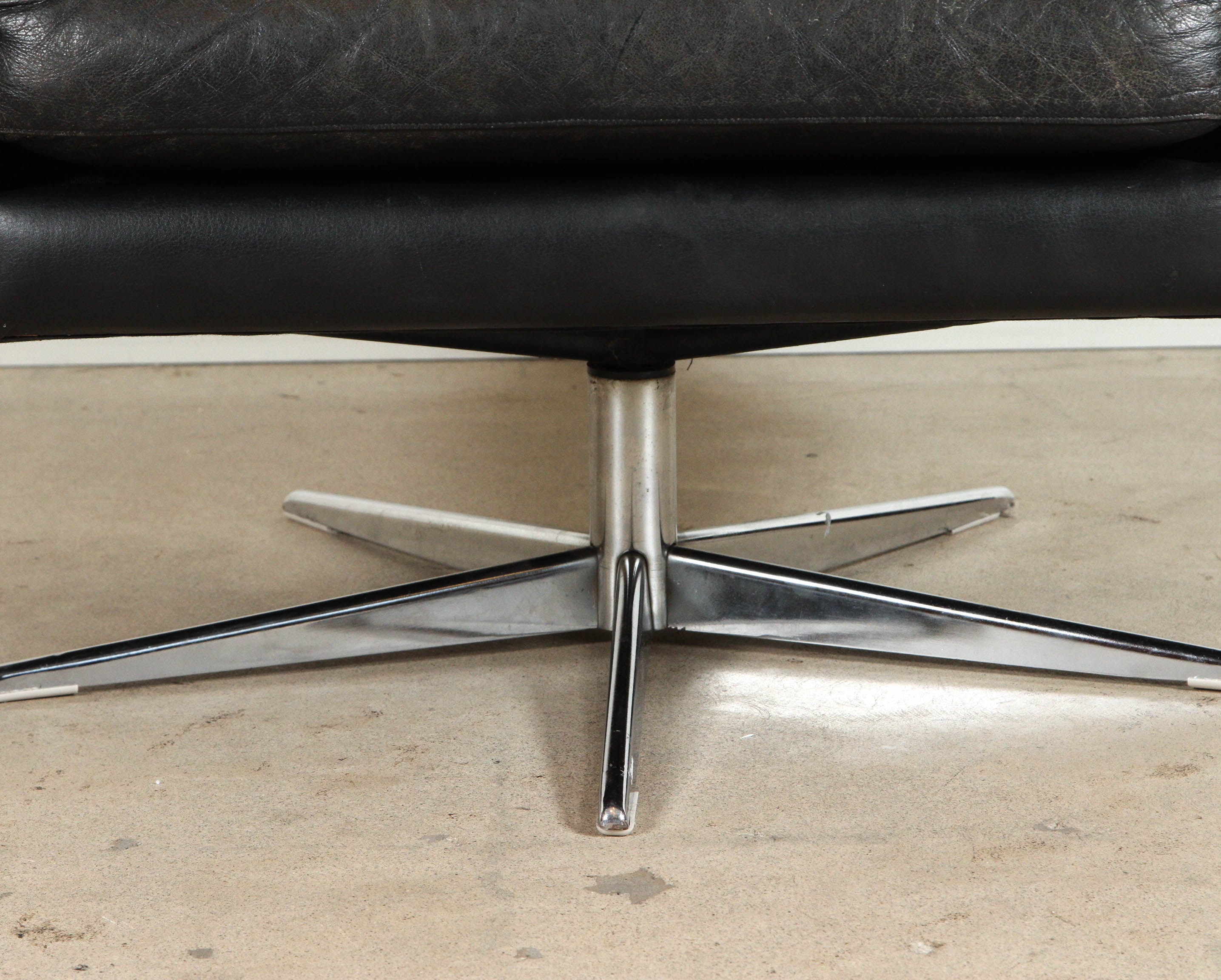 Mid-Century Modern Black Leather Danish High Back Swivel Chair