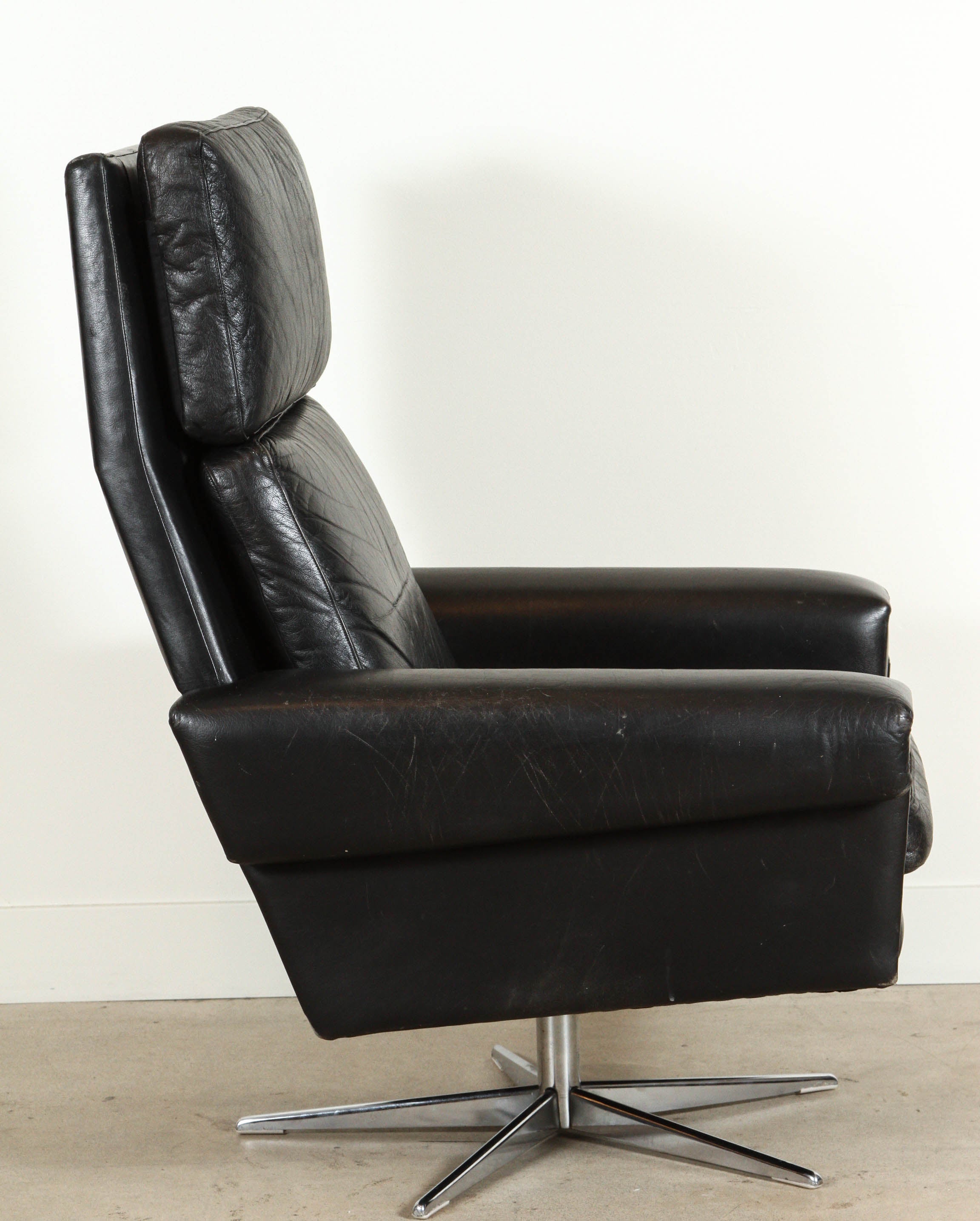 Mid-20th Century Black Leather Danish High Back Swivel Chair