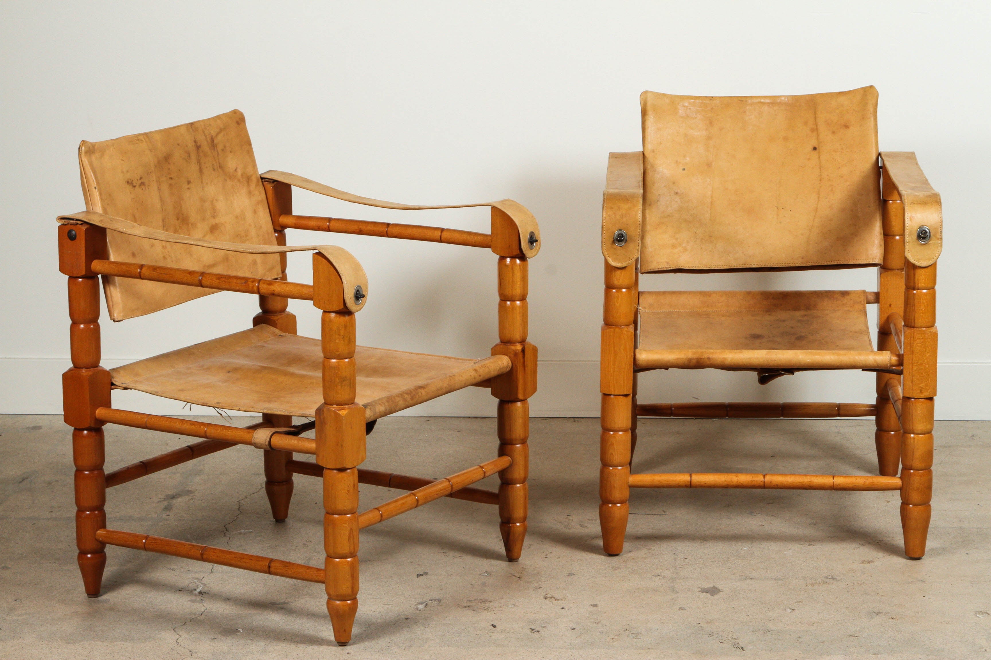 Pair of Leather and Oak Safari Chairs