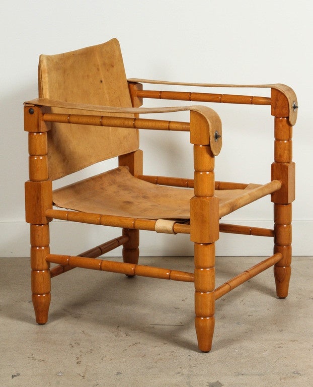 Scandinavian Pair of Leather and Oak Safari Chairs