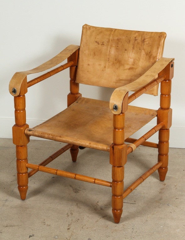 Mid-20th Century Pair of Leather and Oak Safari Chairs