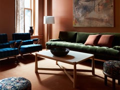 Lawson-Fenning Forster Sofa, Beige Tufted Velvet & Solid Walnut, Modern Couch
