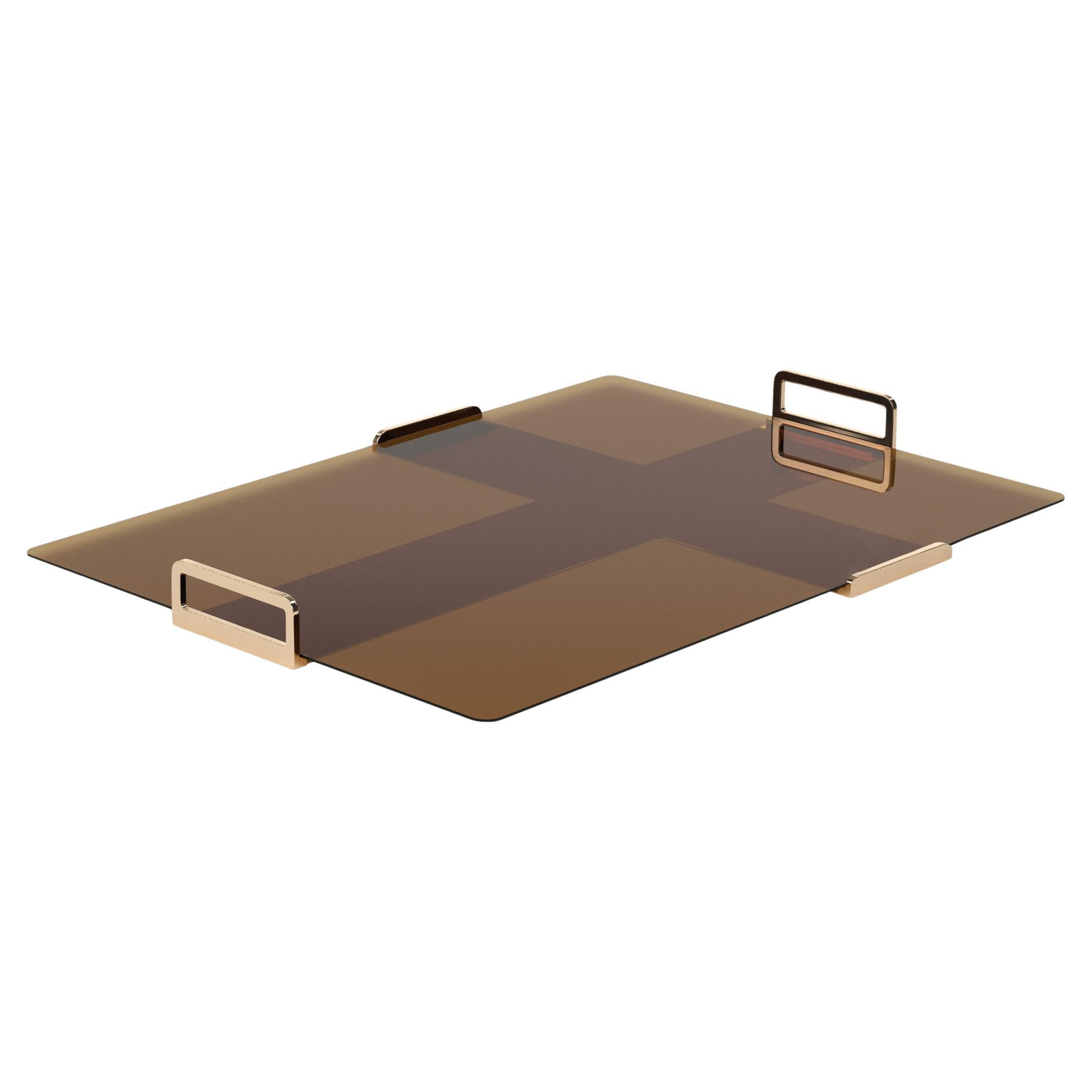 T Tray, Polished Bronze Metal Tray with Clear Glass and Bronze Acrylic Inserts For Sale
