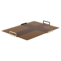 T-Tablett, Metalltablett aus polierter Bronze und Metalltablett mit Klarglas- und Bronze-Acryl-Einsätzen