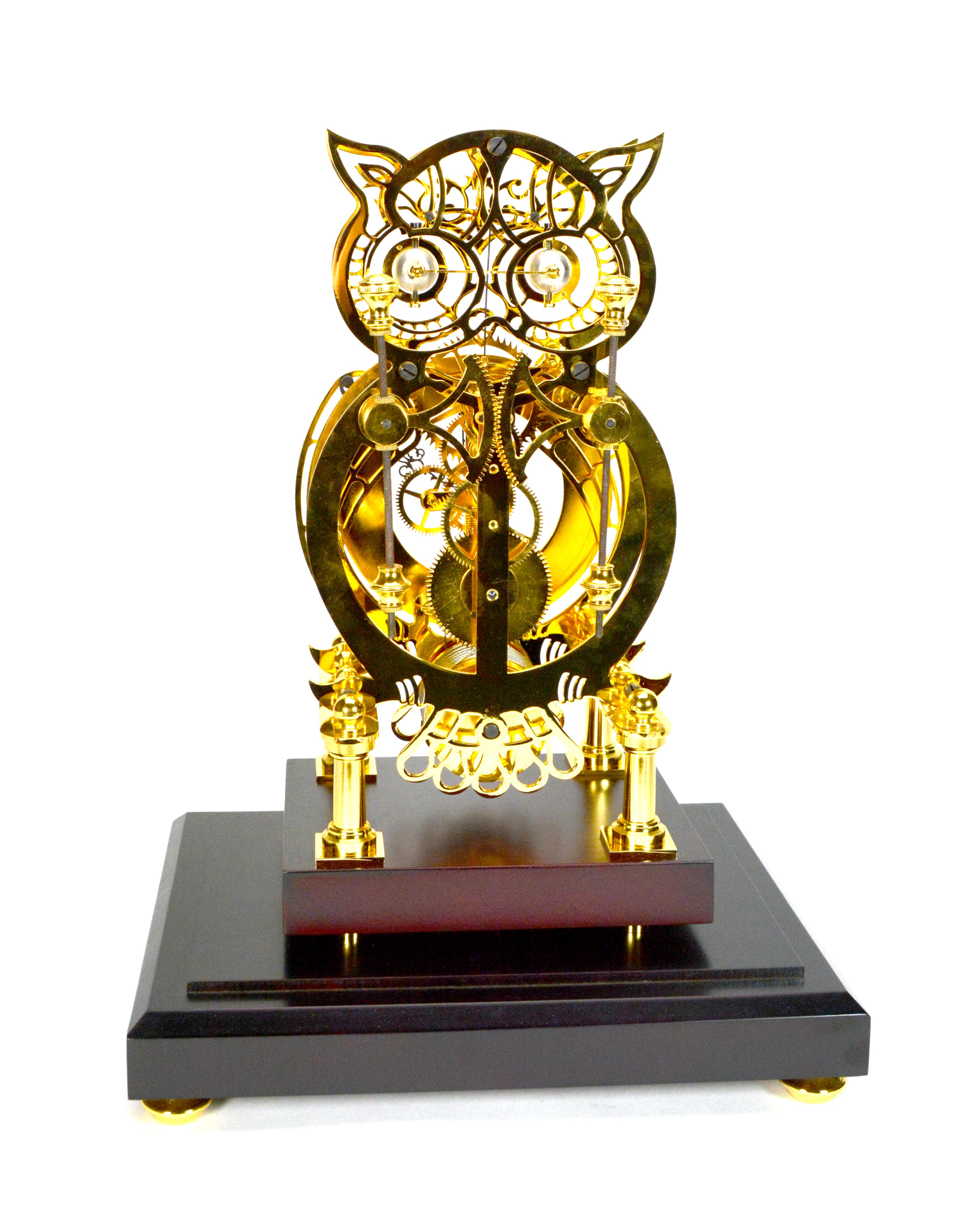 24K Animated Owl Blinking Eyes & Flapping Wings Brass Skeleton Clock For Sale 2
