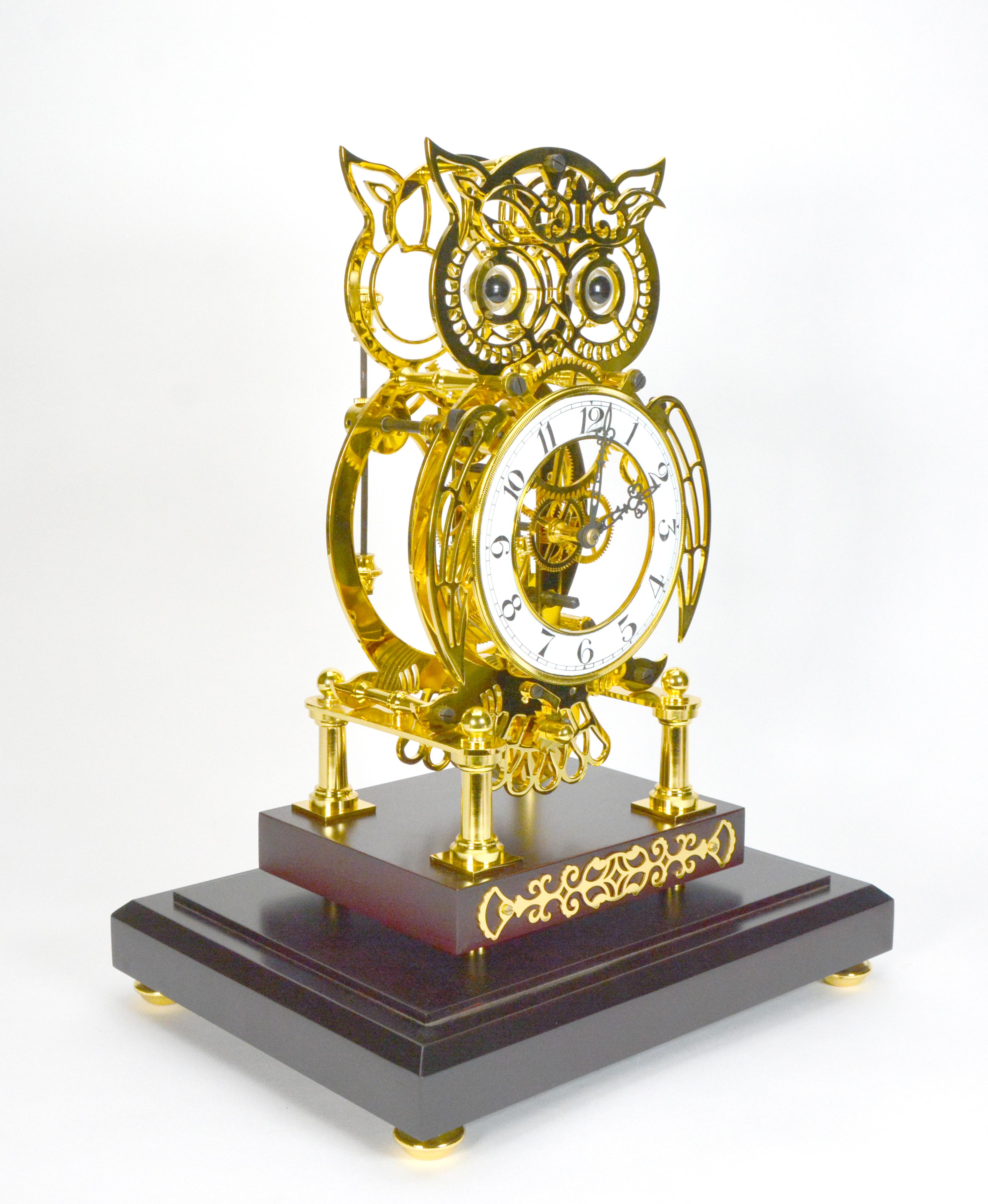 20th Century 24K Animated Owl Blinking Eyes & Flapping Wings Brass Skeleton Clock For Sale