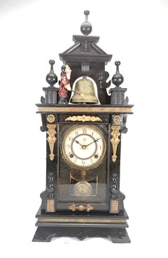 Antique Animated Monk Striking Bell 3 Finial Brass Decorated 8 Day Mantle Clock
