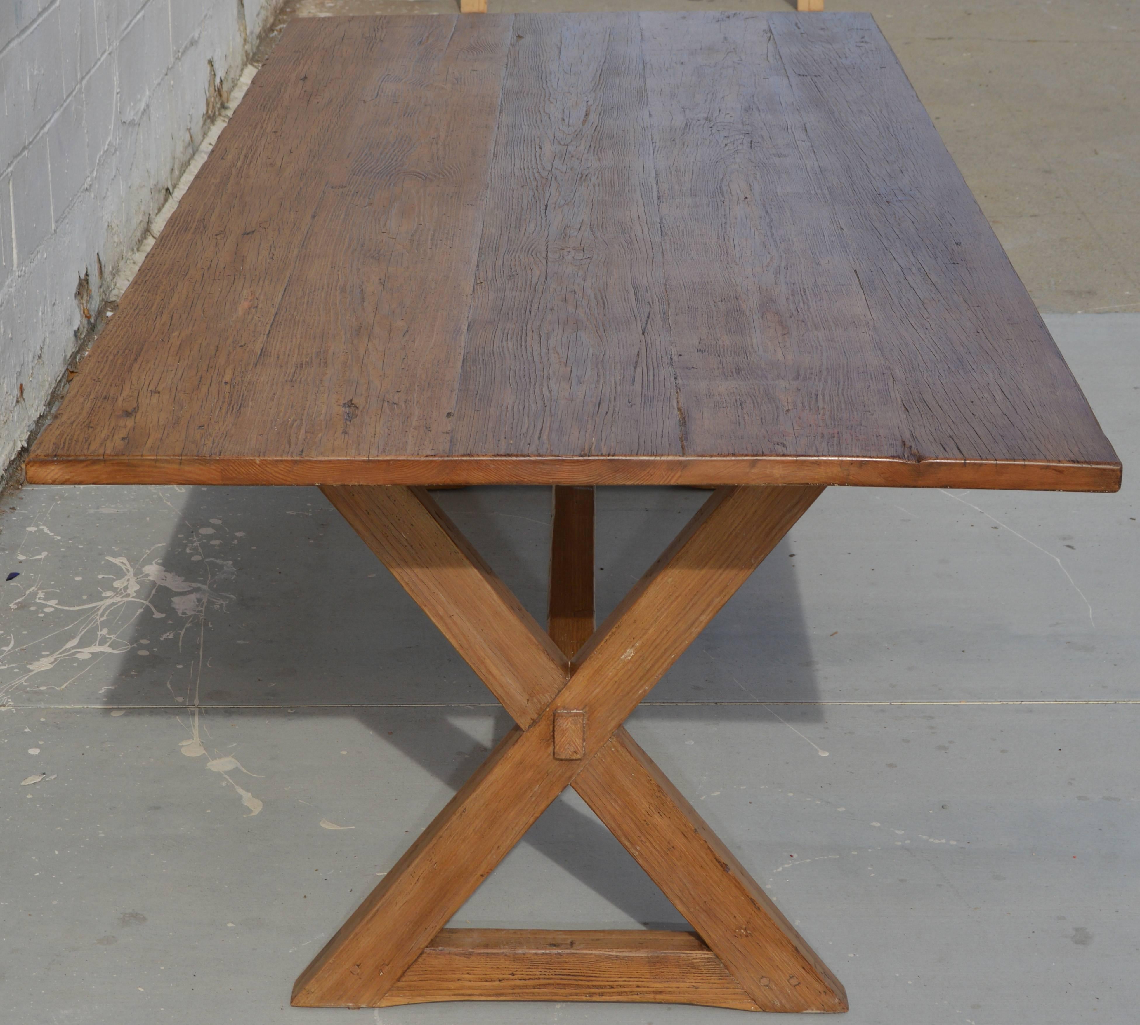 Contemporary X-Trestle Table in Reclaimed Heart Pine, Custom-Made by Petersen Antiques For Sale