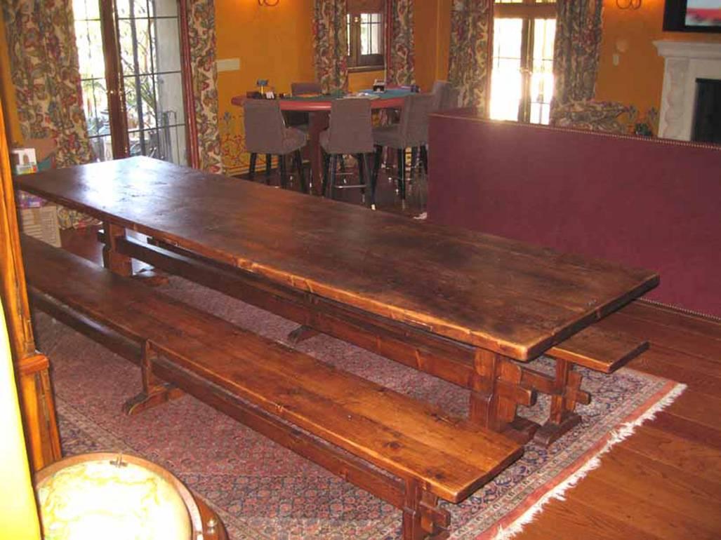 Trestle Table/Benches in Reclaimed Pine, Custom Made by Petersen Antiques In Excellent Condition For Sale In Los Angeles, CA