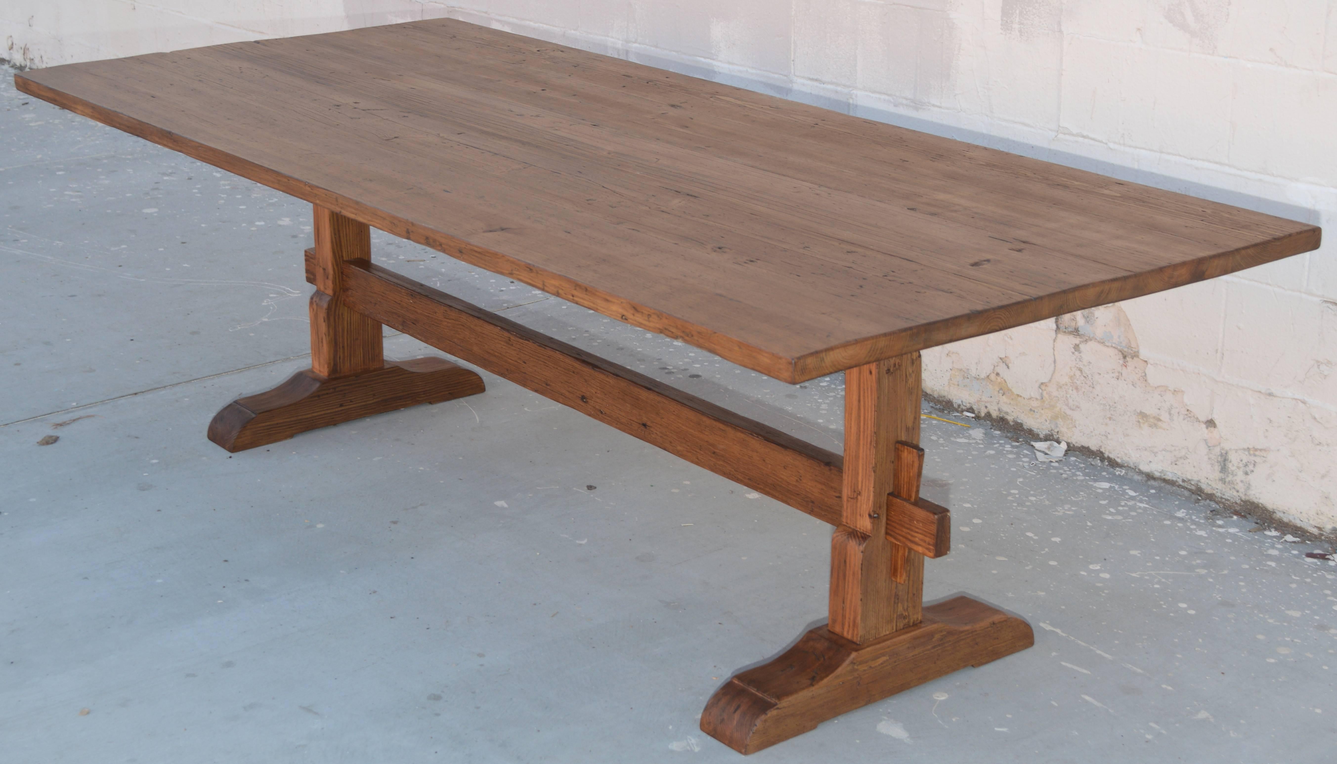 Contemporary Collapsible Trestle Table in Vintage Pine, Custom Made For Sale
