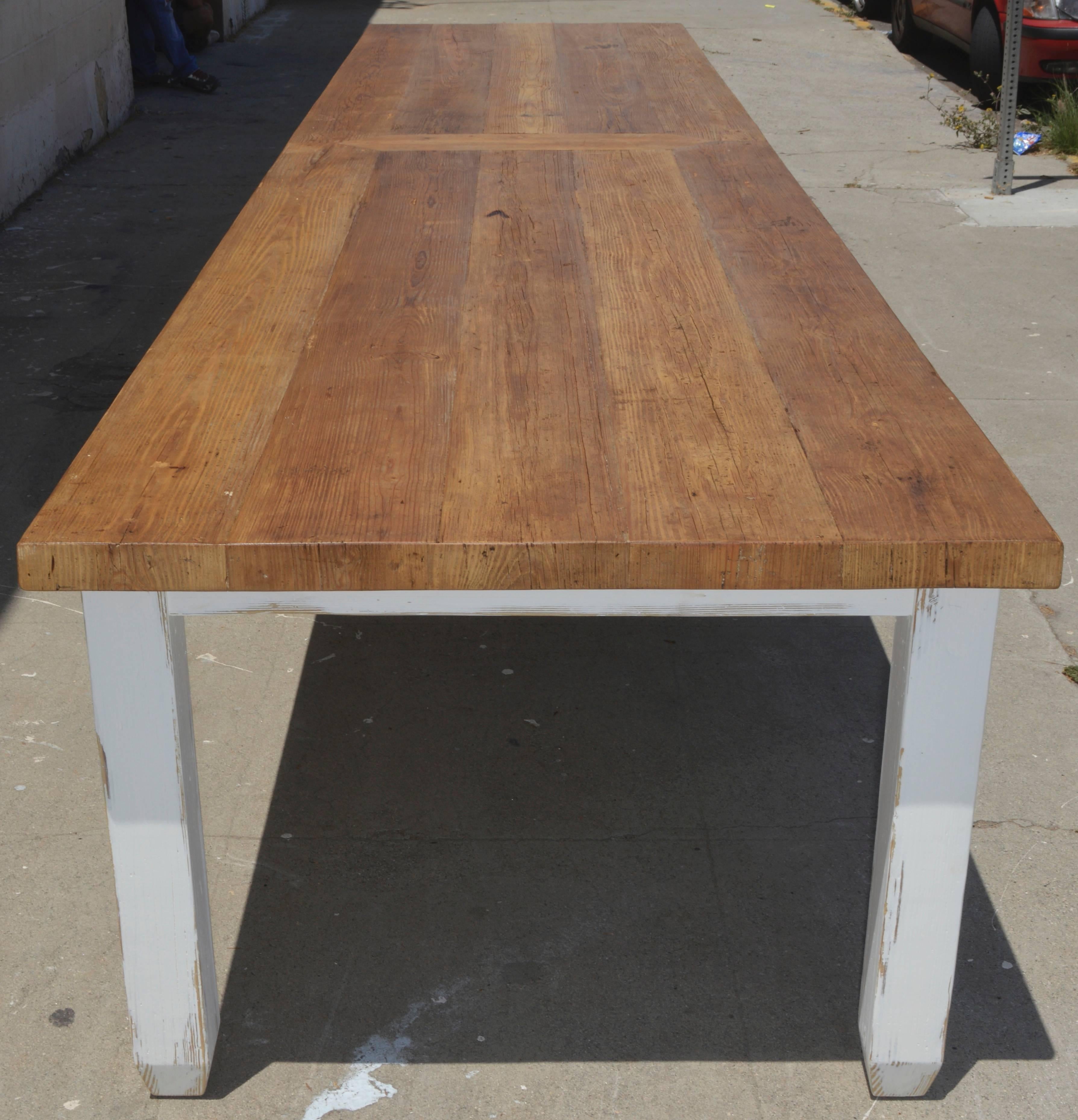 Long Farm Table in Reclaimed Heart Pine, Custom Made by Petersen Antiques In Excellent Condition For Sale In Los Angeles, CA