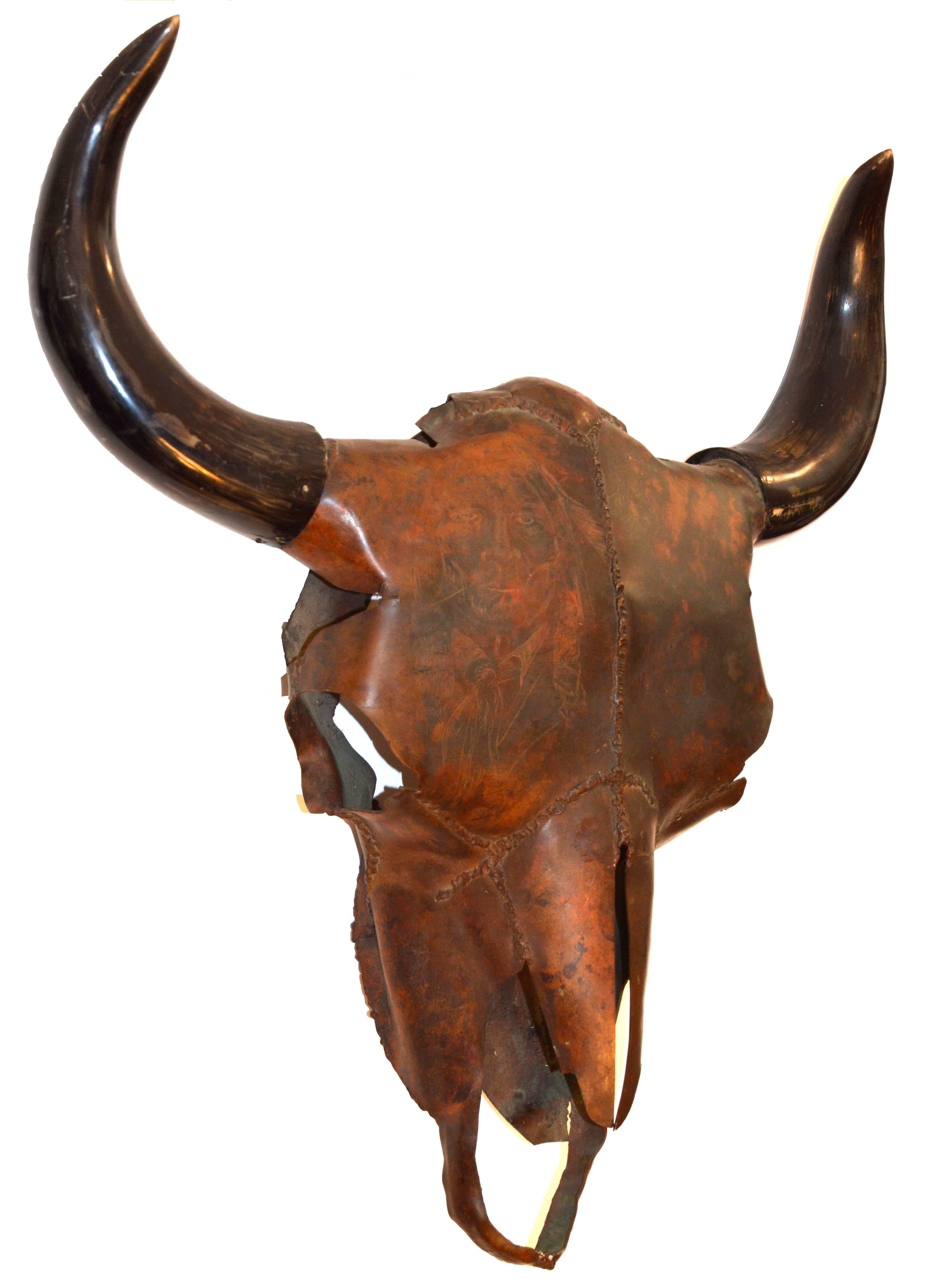 Native American Copper Bison Head Sculpture, Signed and Dated 1977