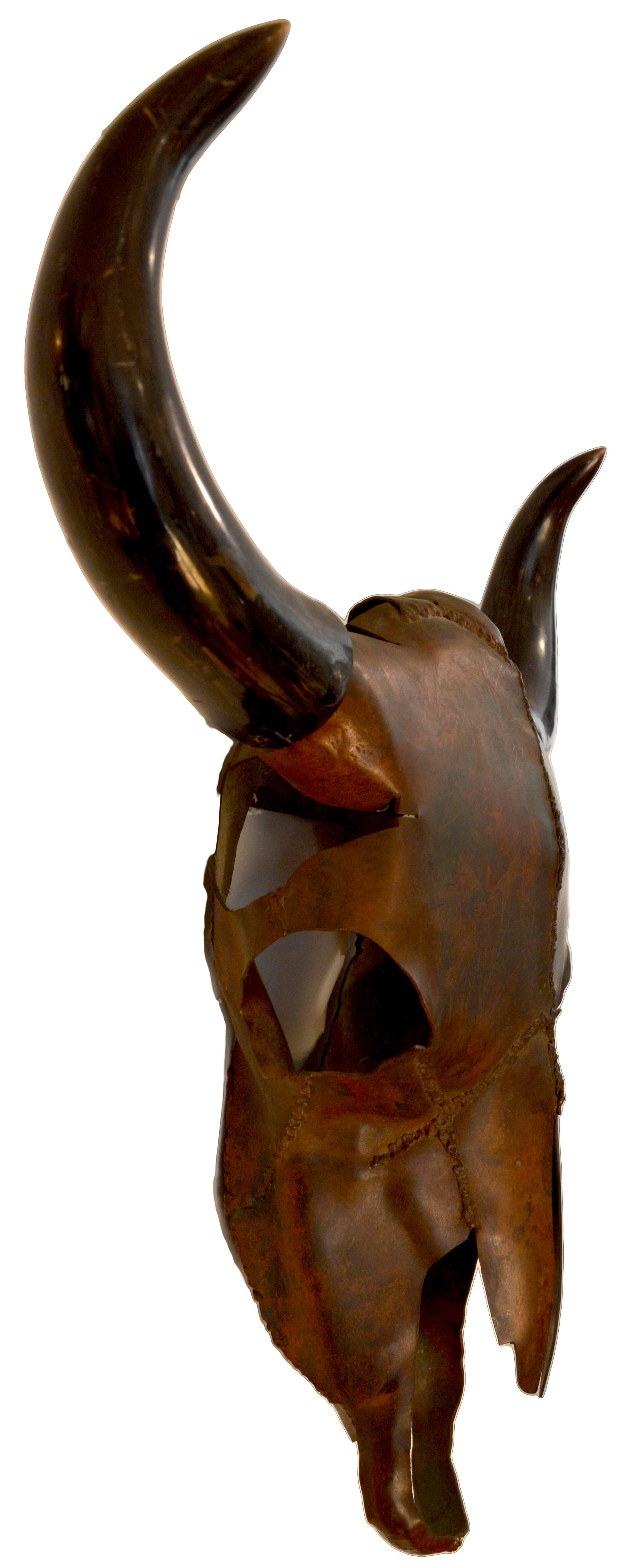 North American Copper Bison Head Sculpture, Signed and Dated 1977