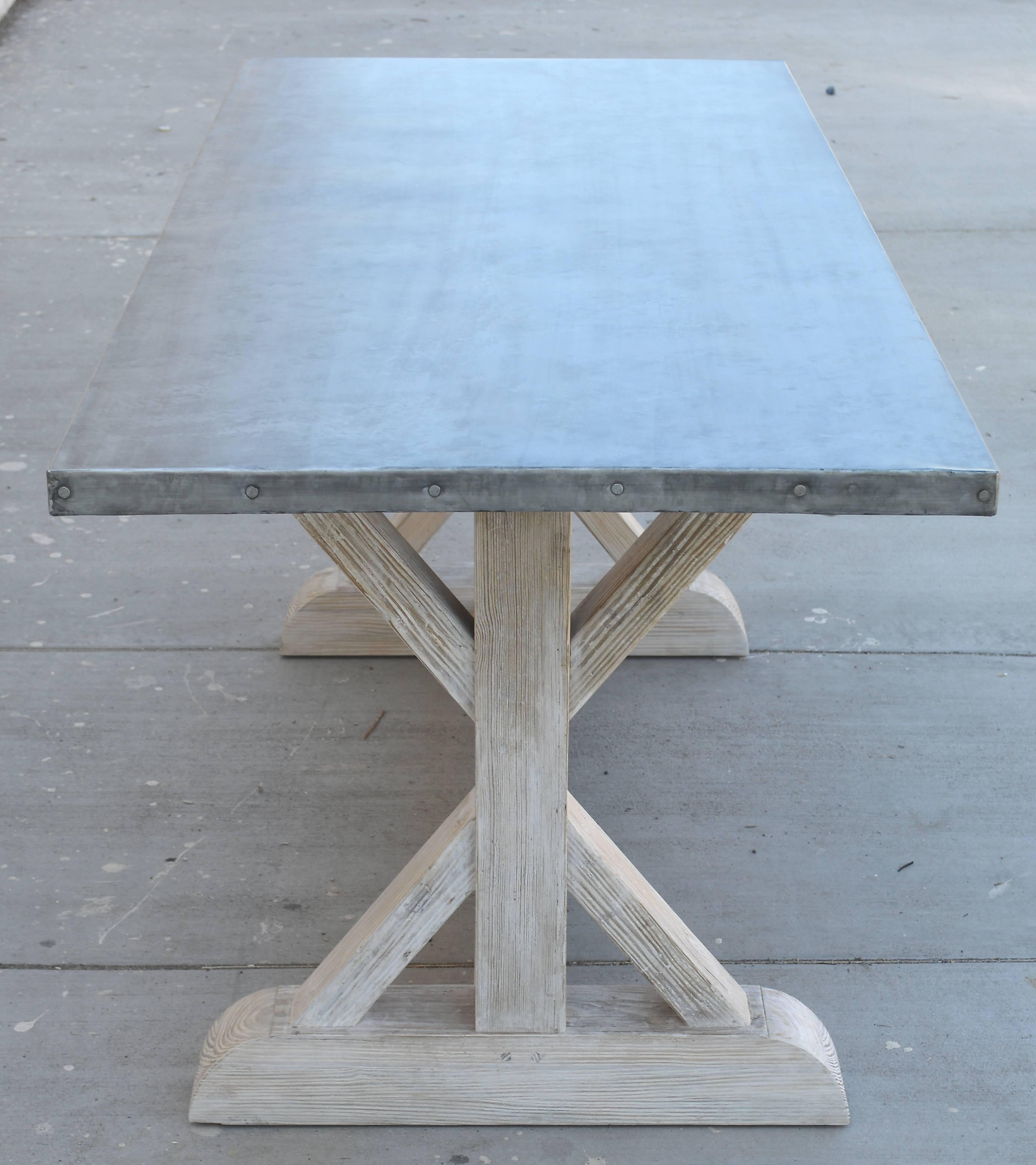 American Craftsman Zinc Top Farm Table in Vintage Heart-Pine, Made to Order by Petersen Antiques For Sale