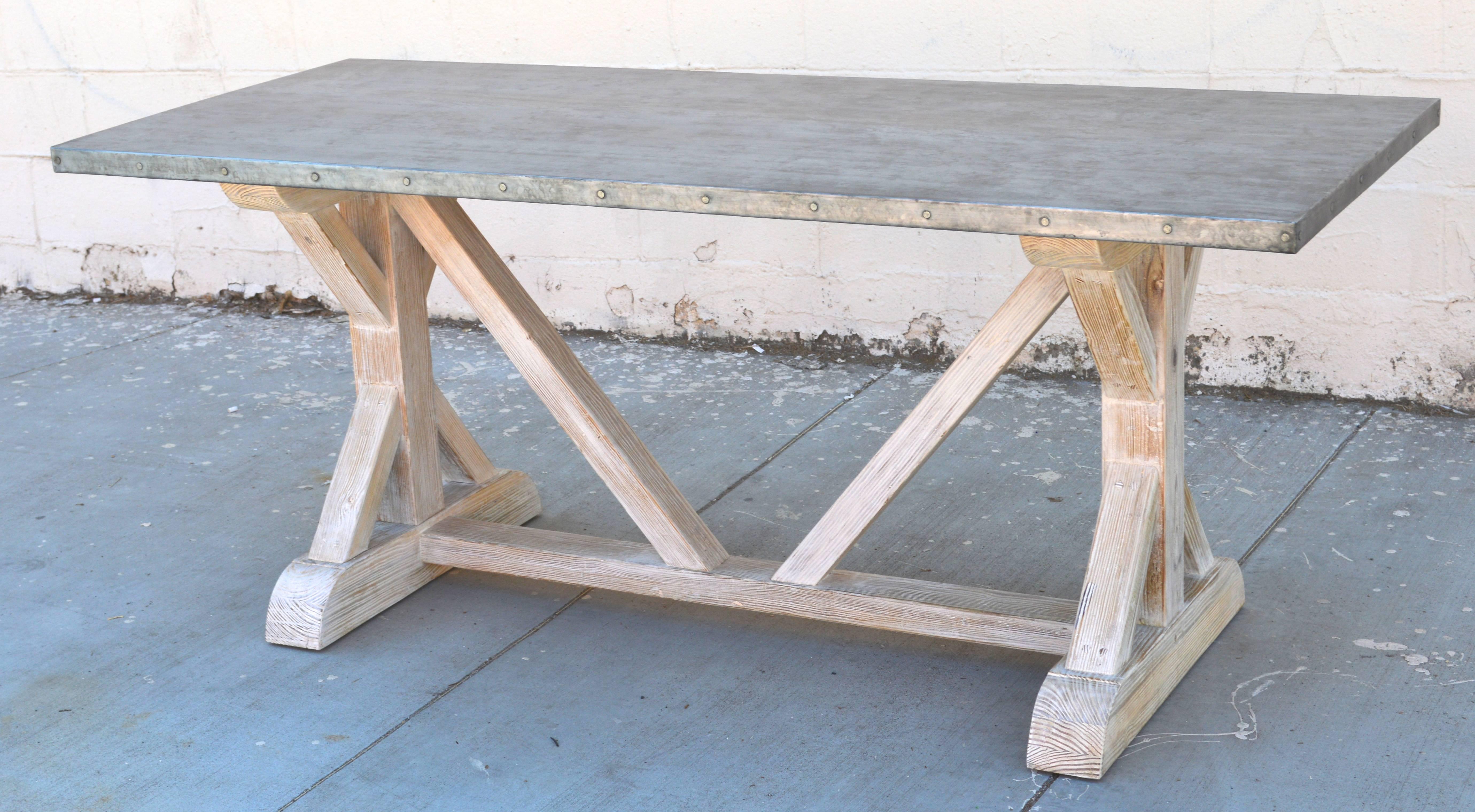 Zinc Top Farm Table in Vintage Heart-Pine, Made to Order by Petersen Antiques For Sale 2