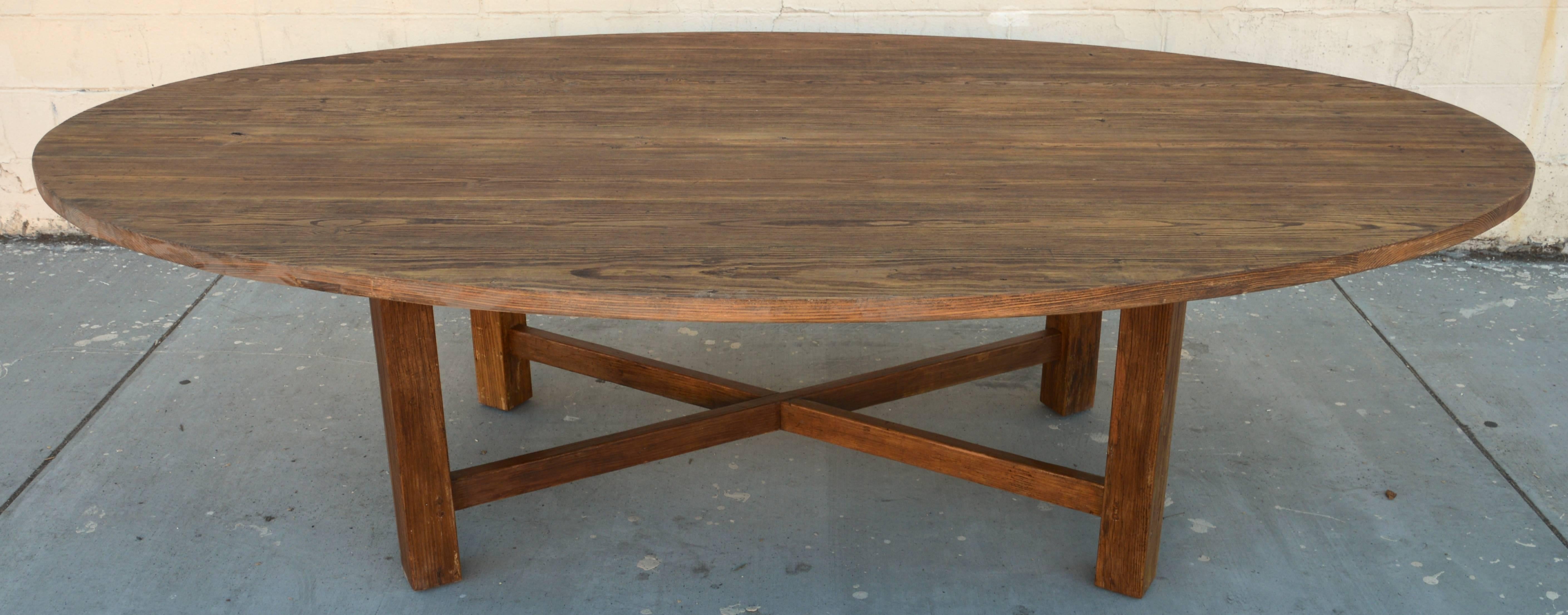 This oval dining table / conference table uses hand-selected, vintage heart-pine. It is hand-crafted in our Los Angeles workshop and can be custom ordered in a variety of sizes, woods and finishes. We only use traditional carpentry techniques such