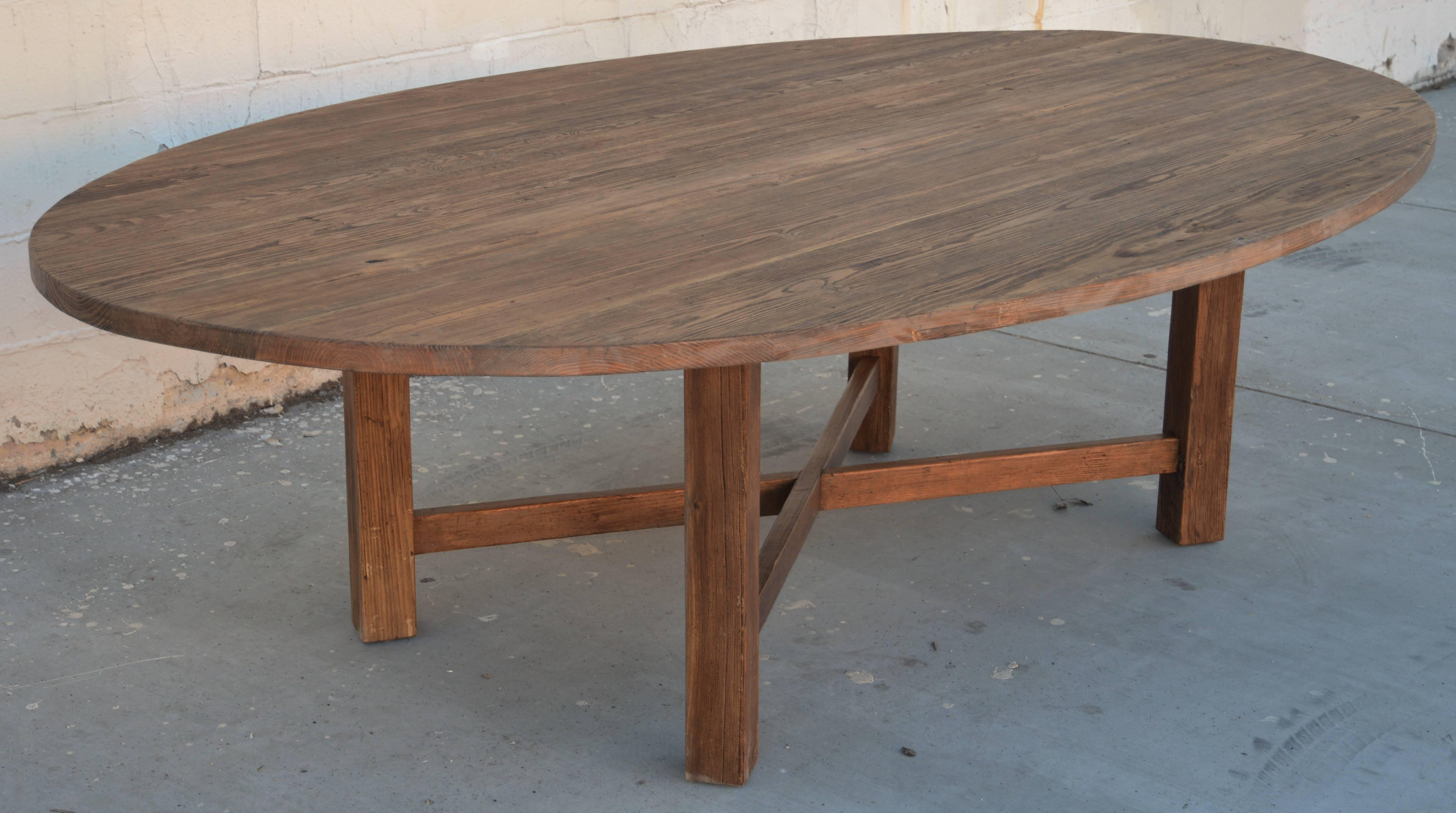 Contemporary Oval Dining Table in Reclaimed Heart Pine, Custom Made by Petersen Antiques For Sale