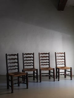 Antique 4 Brutalist Ladder Back Straw Seat Chairs, England, 1900s