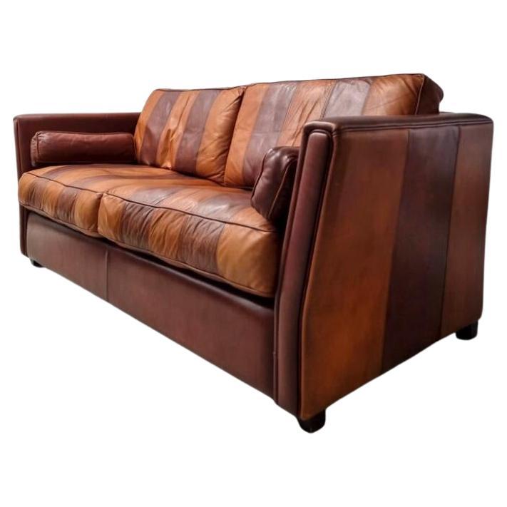 Vintage Striped Brown Orange Leather Sofa, 1990s For Sale