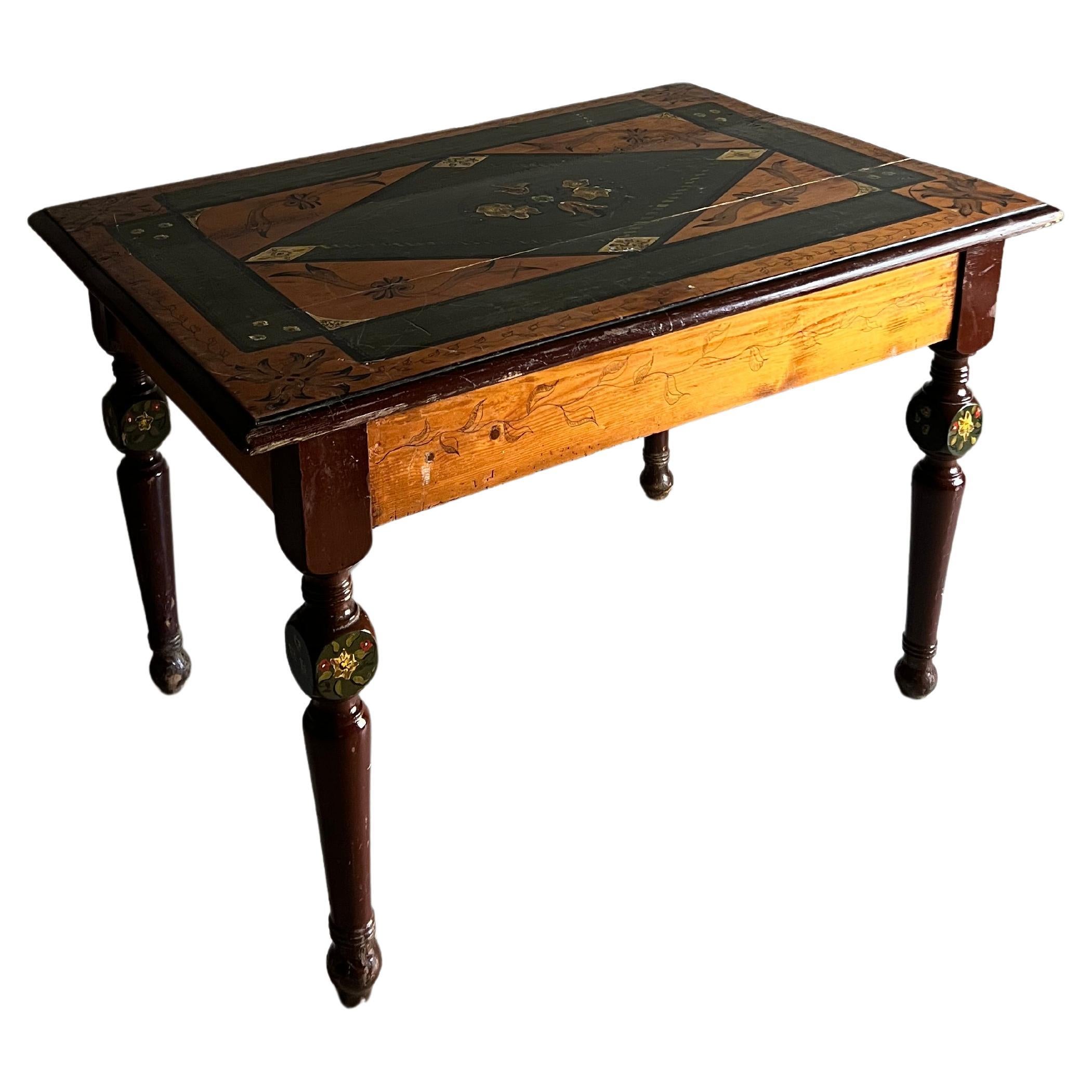 Rustic Hand-Painted Carved Dining Table, Belgium For Sale