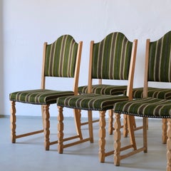 Henning Kjaernulf Carved Oak Dining Chairs, Set of 6, Denmark, 1950s