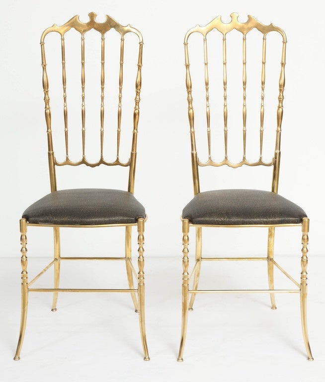 Polished heavy solid brass occasional chairs, handmade in Italy in the 1960s. Newly republished and recovered in Edelman faux-shagreen textured leather.
