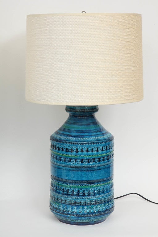 1960s Rimini blue lamps by Aldo Londi for Bitossi, Recently reworded for US usgage and fitted with custom linen shades. Lamp bodies 16.25 inches high.