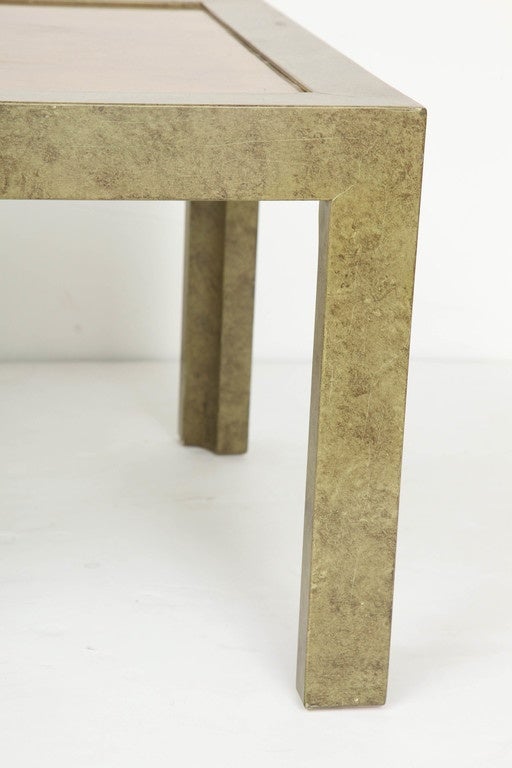 Patinated Faux Goatskin and Brass Coffee Table