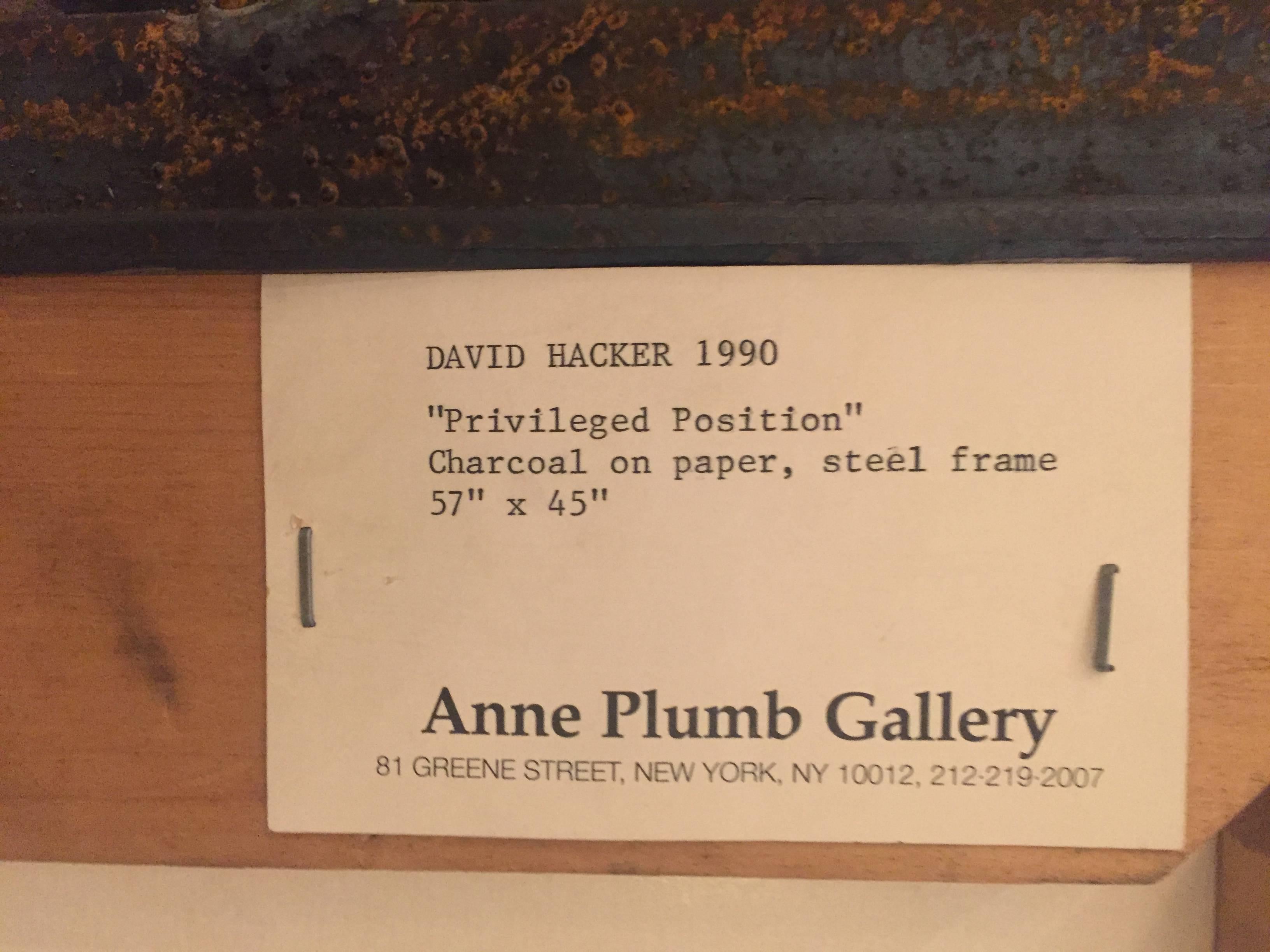 Paper David Hacker Charcoal Drawing in Steel Frame Sculpted by Artist