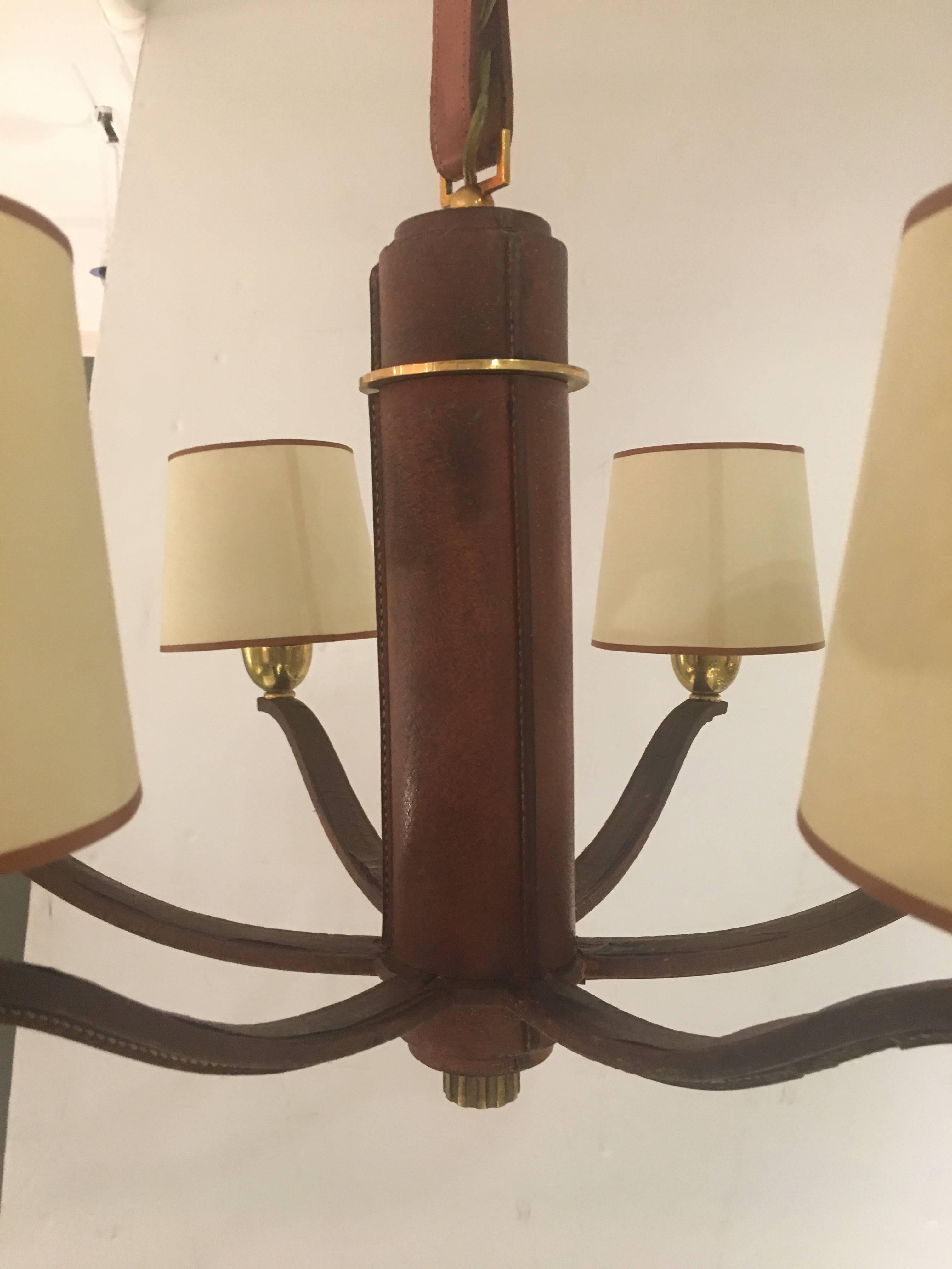 French Pigskin and Brass Chandelier by Longchamp