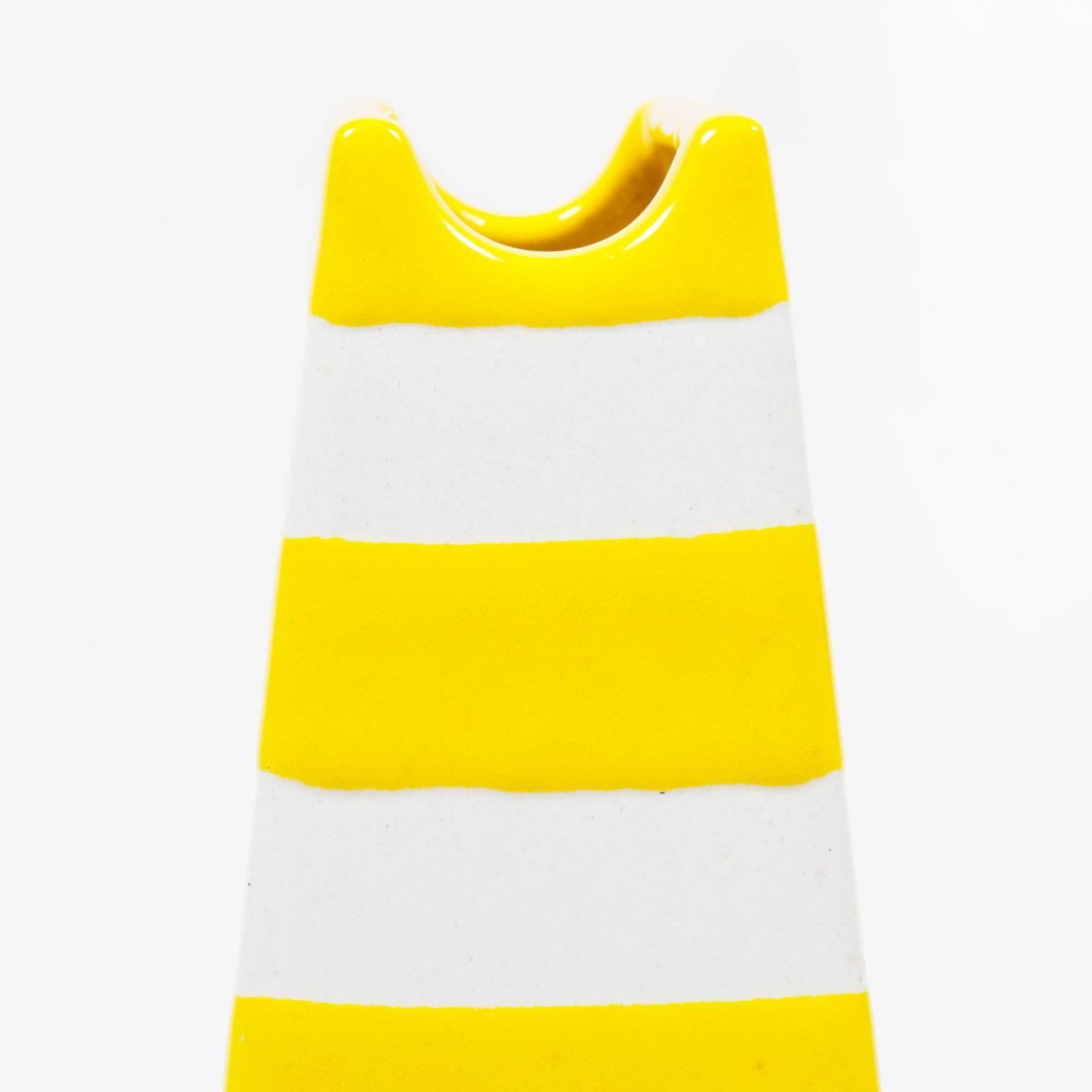 Unusual Italian yellow striped geometric ceramic vase in the manner of Ettore Sottsass. Produced by Bitossi for Raymor.