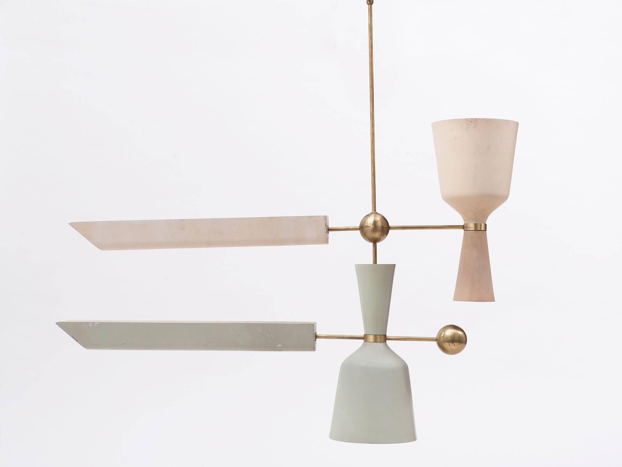 Rare and iconic suspension lamp in enameled aluminum and brass, by the Milanese architect for Arredoluce.