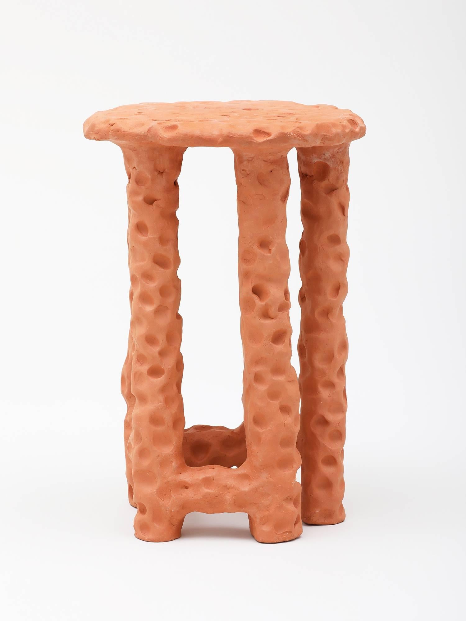 Terracotta side table or stool handmade by New York and Medellín-based artist Chris Wolston. Can be used indoors or outside.