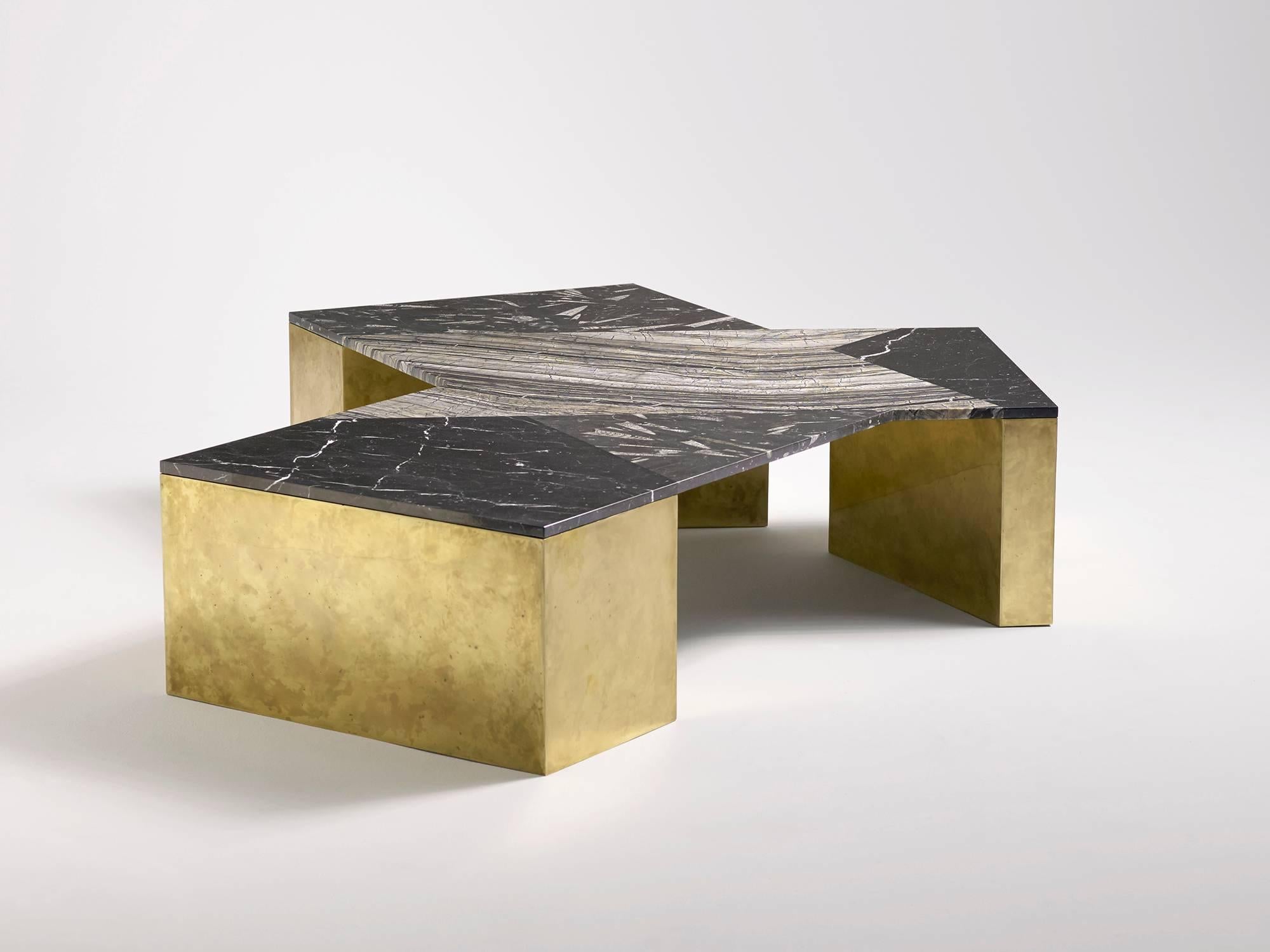 Geometric coffee table in mixed marble, brass, steel and wood by LA-based designer Brian Thoreen. This black version is an open edition. The green version is an edition of 8 + 2 AP that was designed exclusively for Design Miami, 2015.
