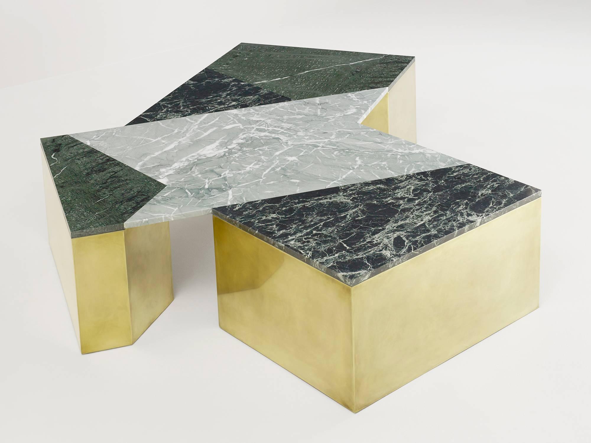 Geometric coffee table in mixed marble, brass, steel and wood by LA-based designer Brian Thoreen. This version, in green marble, was designed exclusively for Design Miami 2015. Other versions with custom metal finishes and marble configurations are