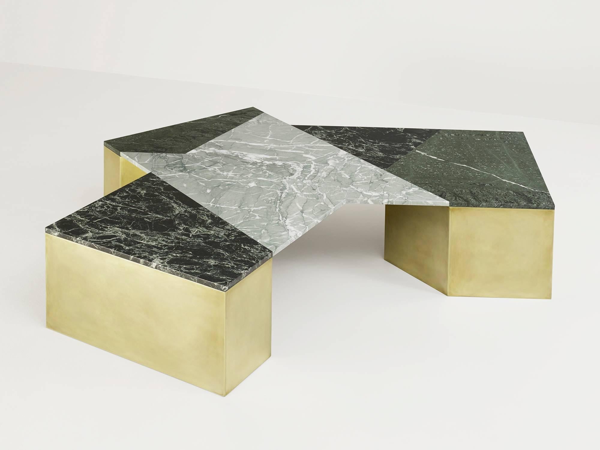 Modern Brian Thoreen Green Mixed Marble and Brass Coffee Table For Sale