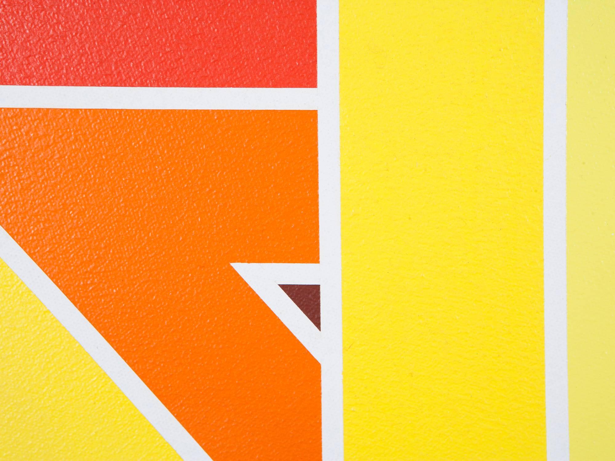 A bright geometric painting in acrylic on canvas, completed in 1974 by Joseph Rapp. 