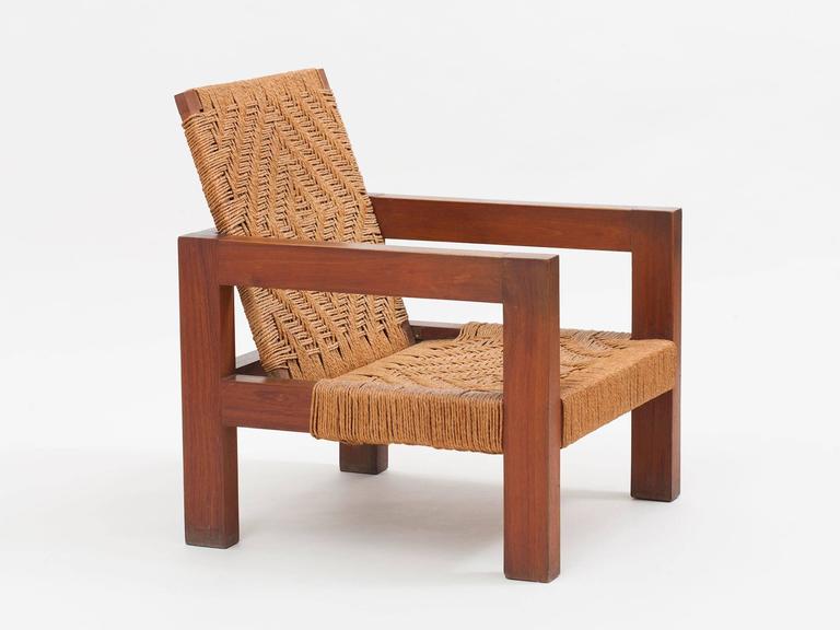 Pair of Indian Modernist Teak and Jute Lounge Chairs at 1stDibs
