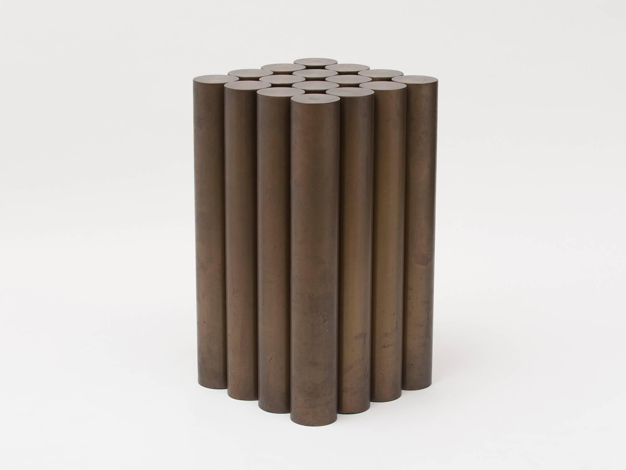 Side table, pedestal or table base composed of 16 beautifully patinated bronze cylinders, by American manufacturer Dunbar. Design attributed to Roger Sprunger.