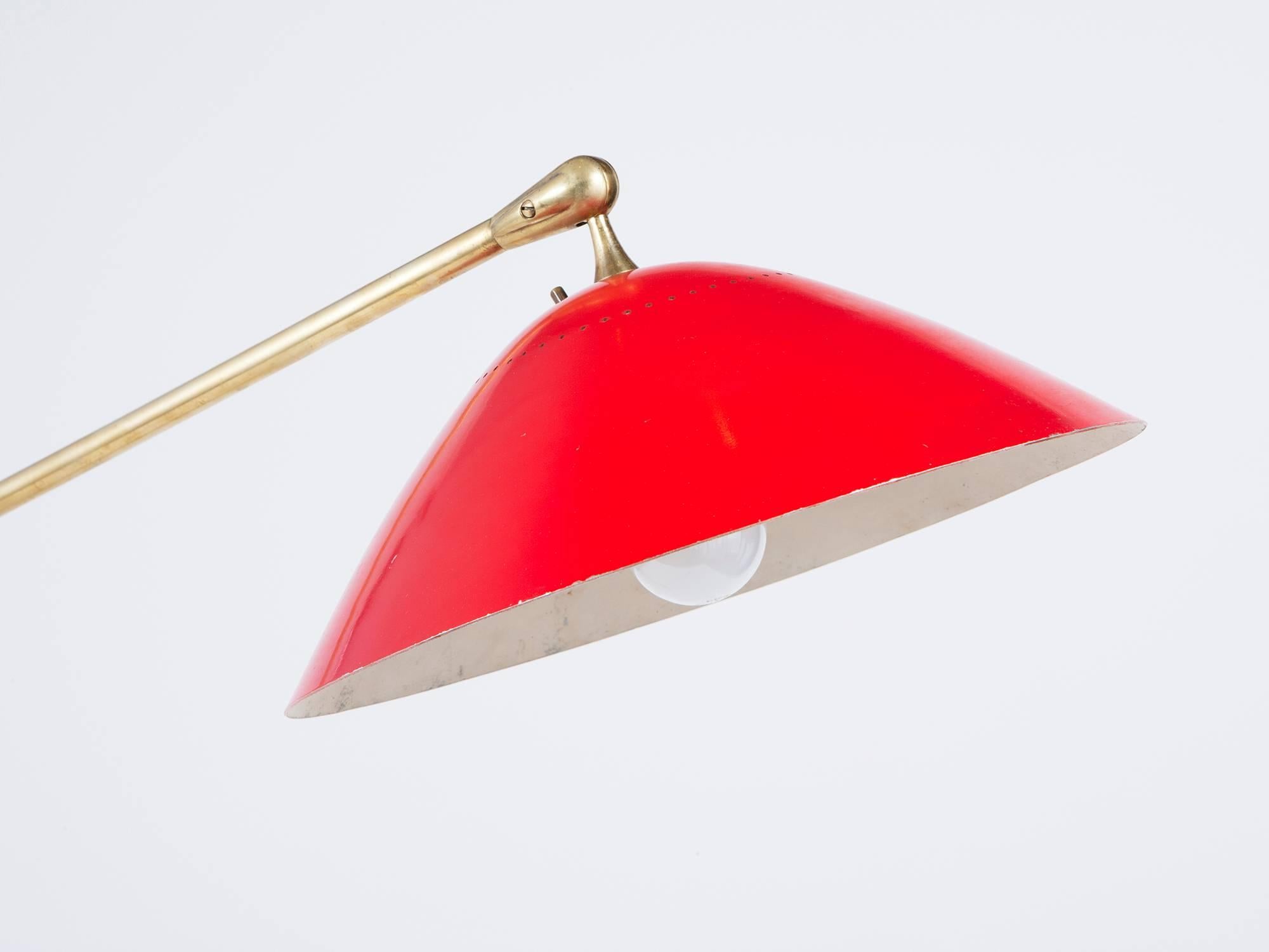 Mid-Century Modern Stilnovo Italian Brass and Red Lacquer Adjustable Floor, Lamp, 1950s