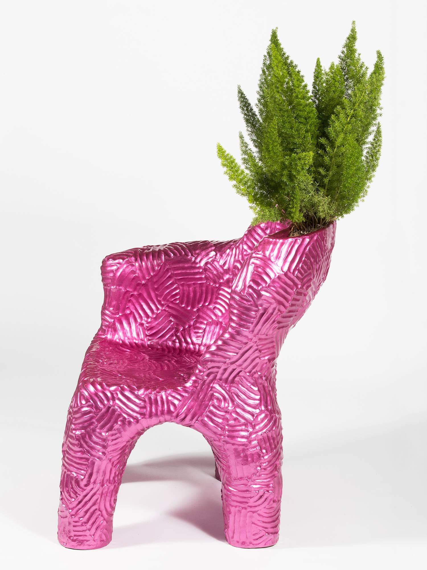 Large painted terracotta indoor/outdoor planter chair, handmade by New York and Medellín-based artist Chris Wolston. Featuring bright automotive paint over hand-formed and fired terracotta forms. Fully functional as both a planter and a chair. Made