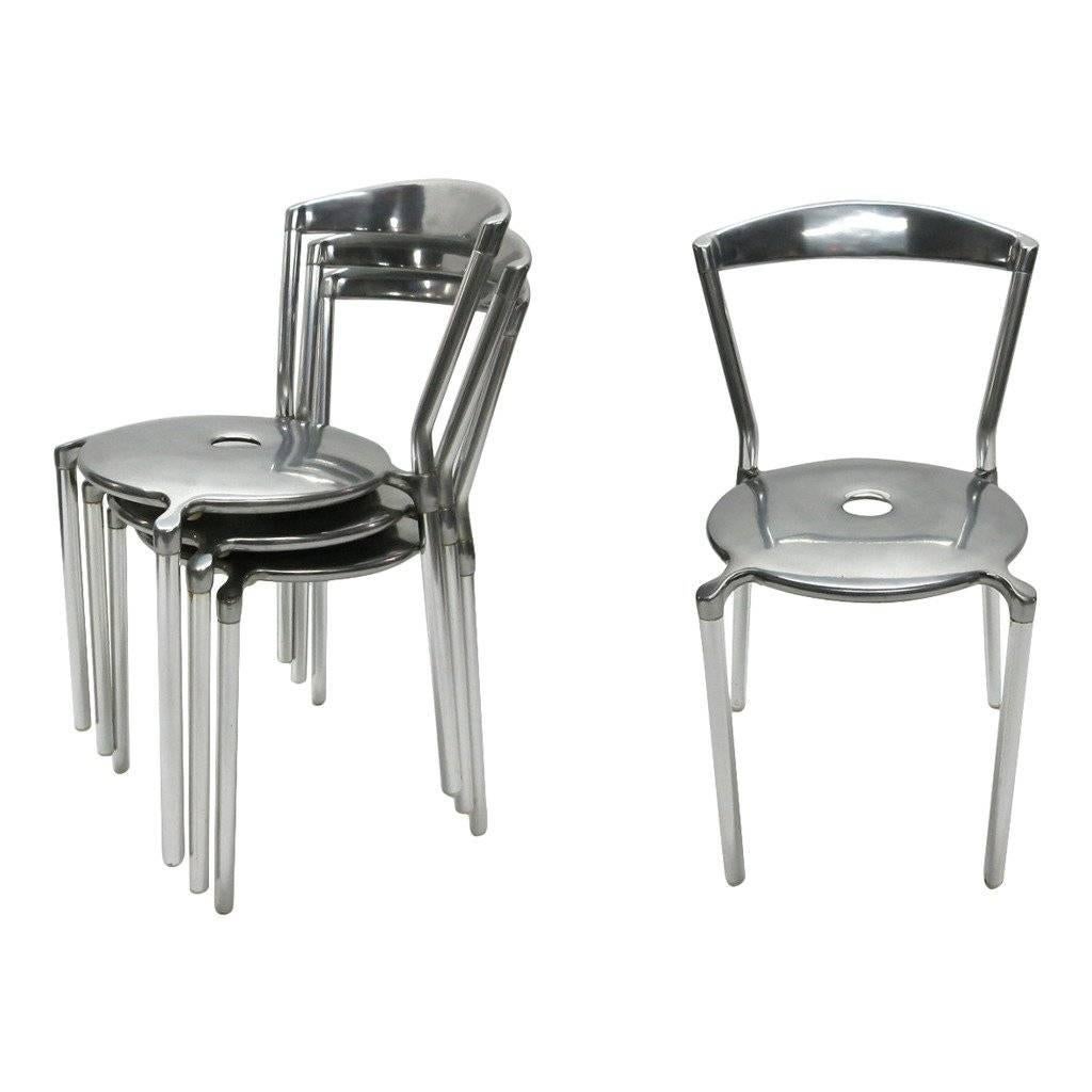 Sechs stapelbare Esszimmerstühle aus poliertem Aluminium von Allermuir, UK, 1998 im Angebot