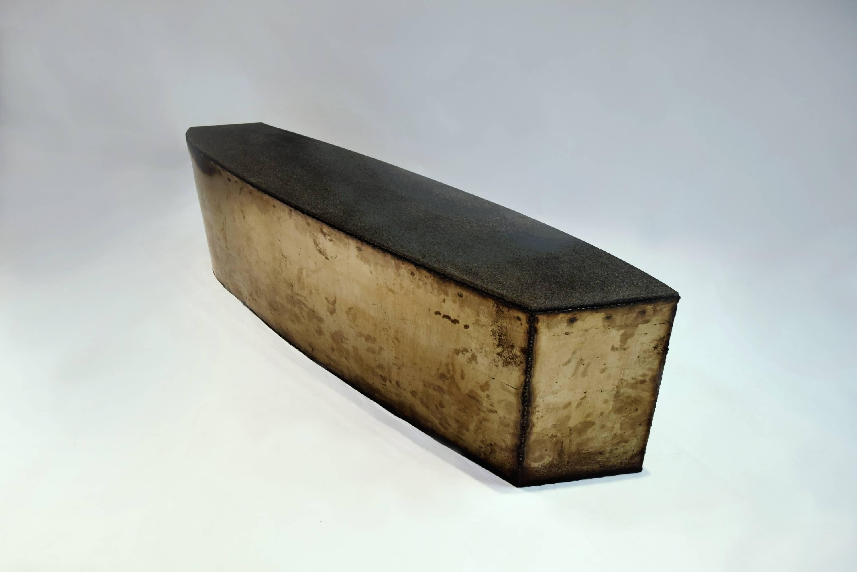 Angular Coffee Table or Bench in Oxidized Steel and Granite, circa 1987 4