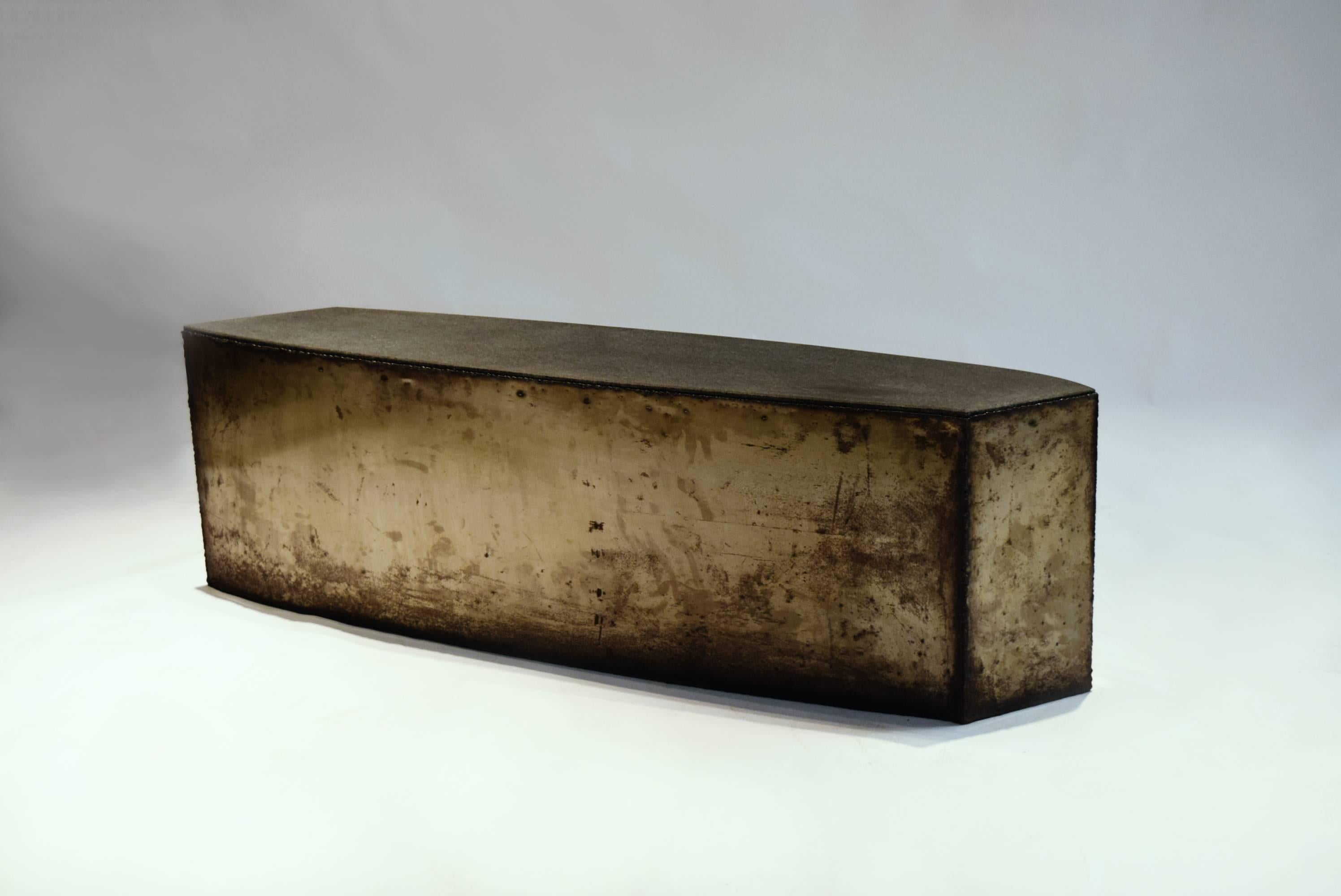 Angular Coffee Table or Bench in Oxidized Steel and Granite, circa 1987 2