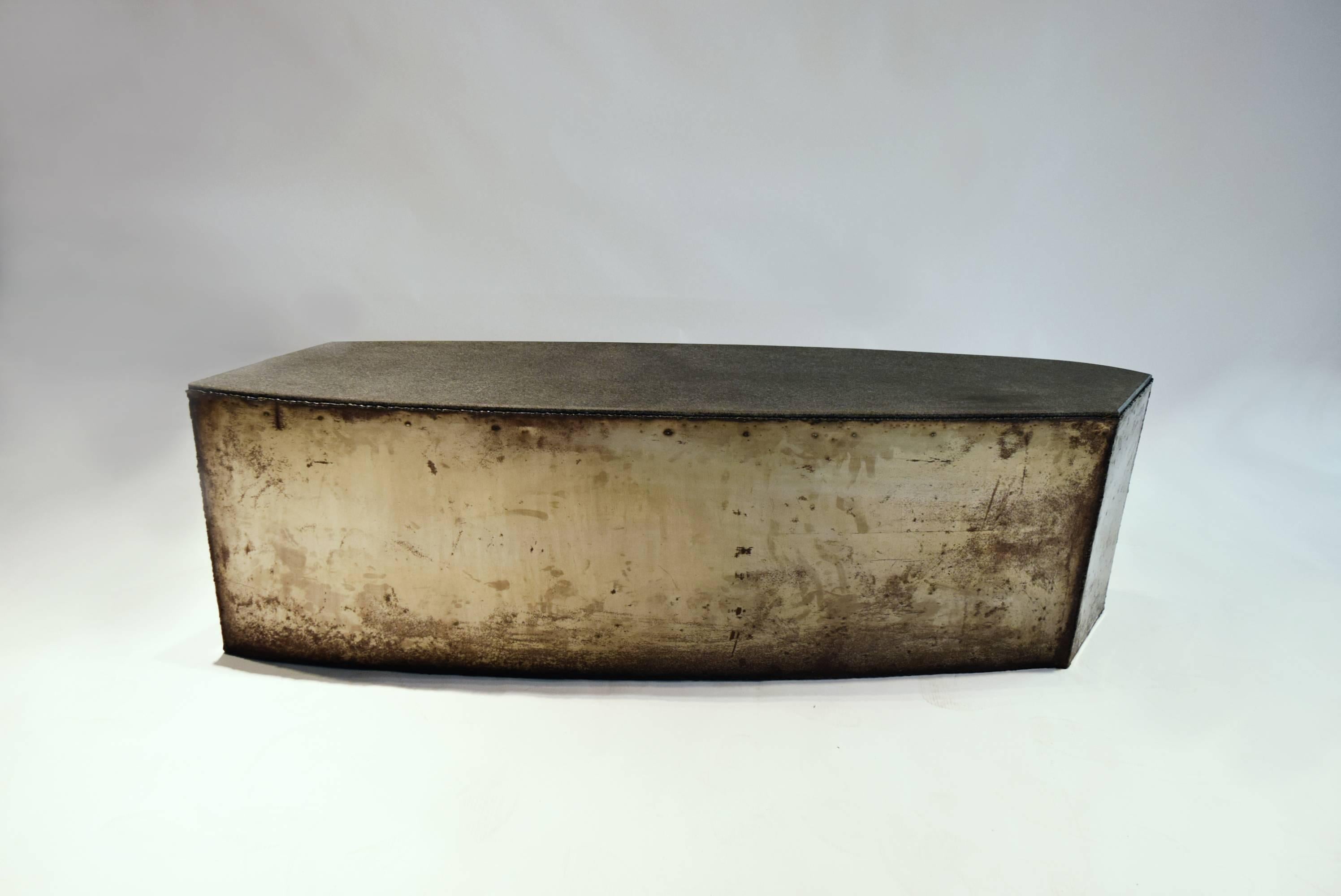Angular Coffee Table or Bench in Oxidized Steel and Granite, circa 1987 5