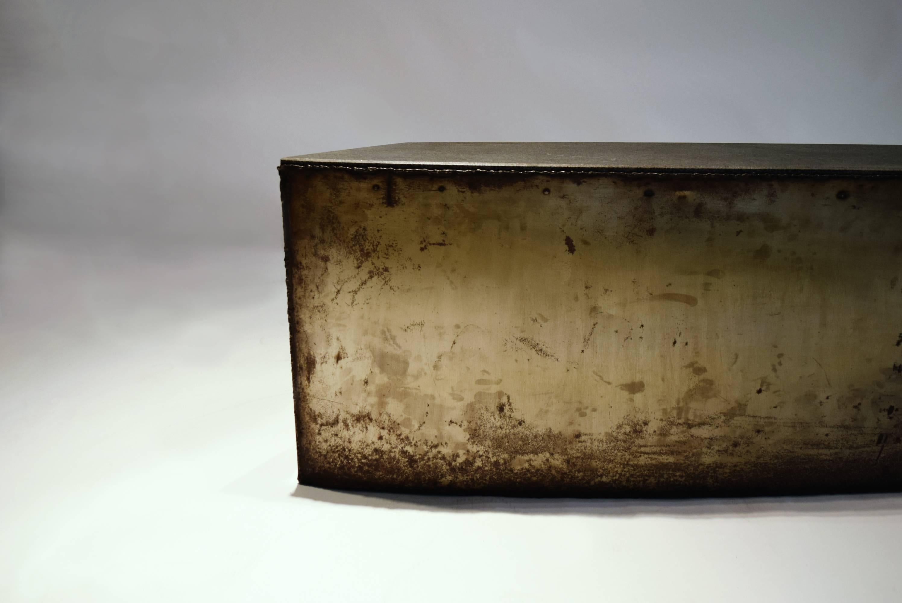 Angular Coffee Table or Bench in Oxidized Steel and Granite, circa 1987 In Excellent Condition In Jersey City, NJ