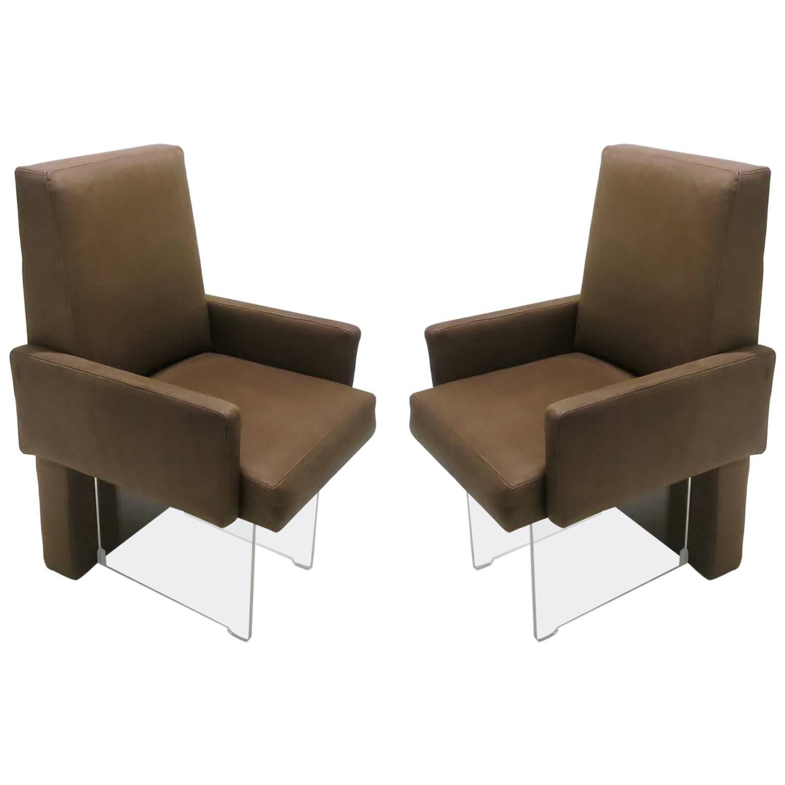 Pair of Leather and Lucite Dining Height Armchairs by Vladimir Kagan, USA