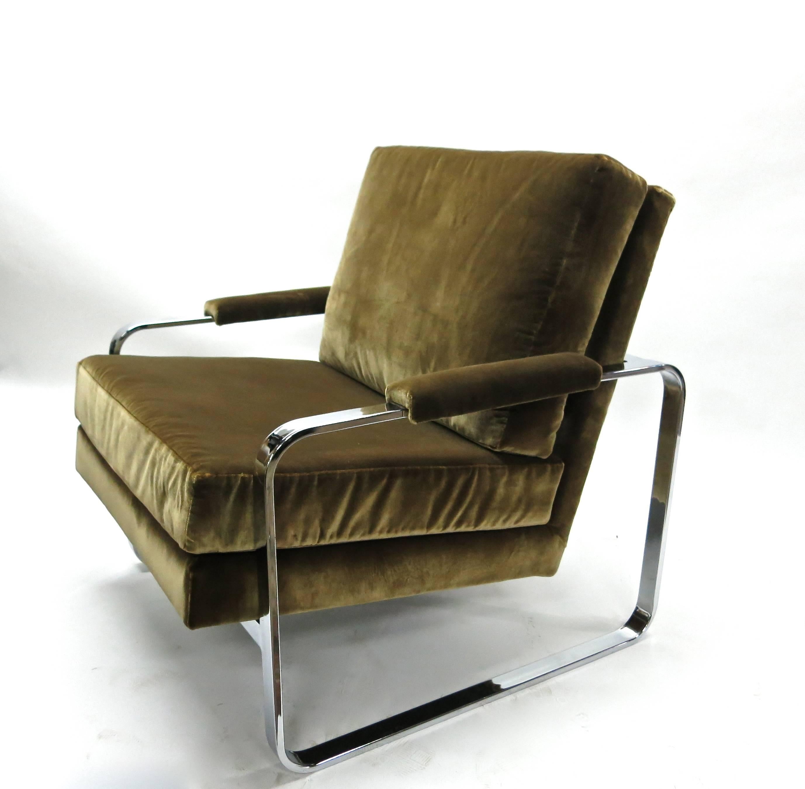 Vintage flatbar lounge chair designed and fabricated in the 1970's. The chair has been upholstered in a brown mohair fabric and is in great vintage condition.