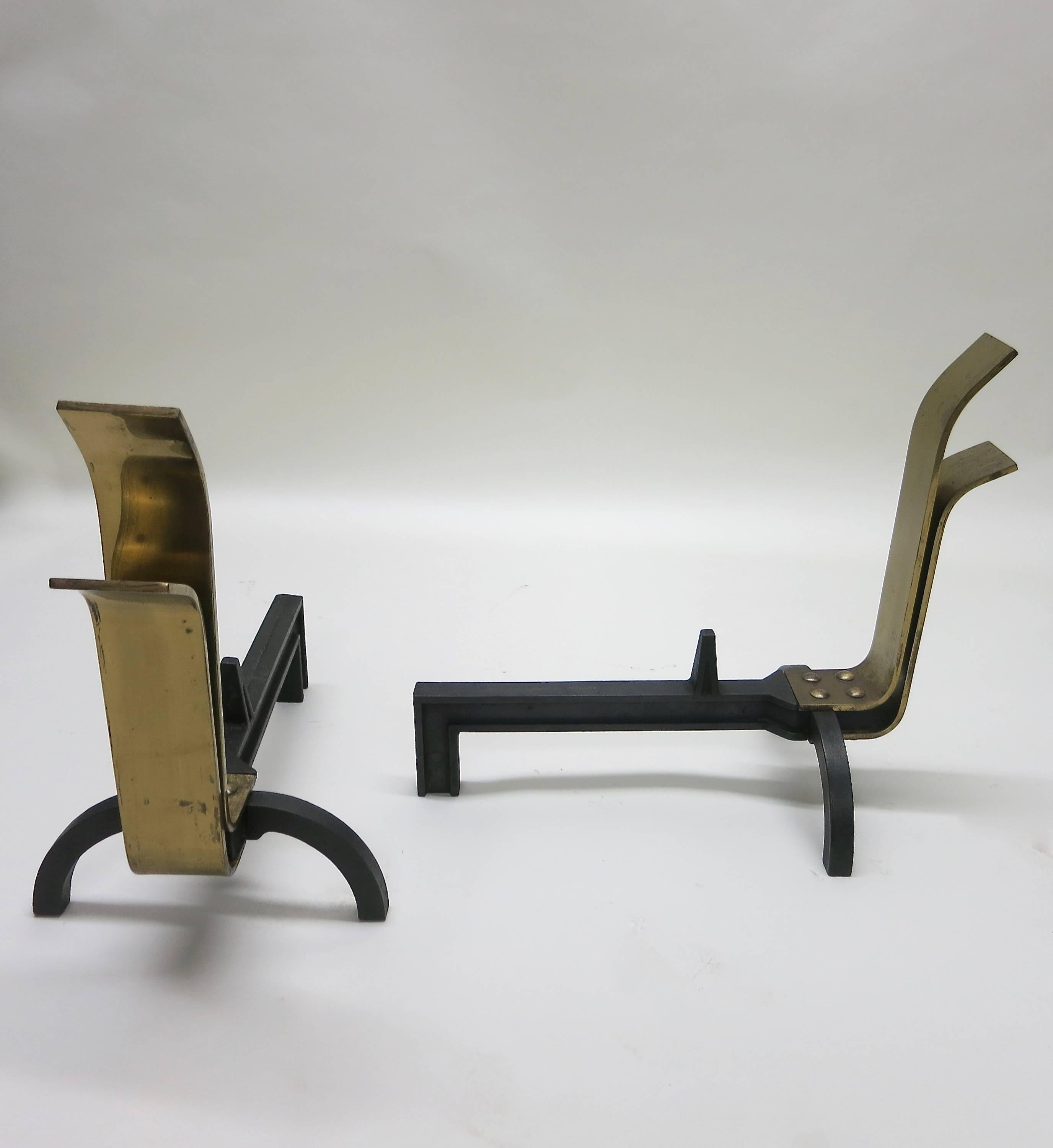 Mid-20th Century Pair of Brass Andirons Designed by Eliel Saarinen, circa 1945, Made in America