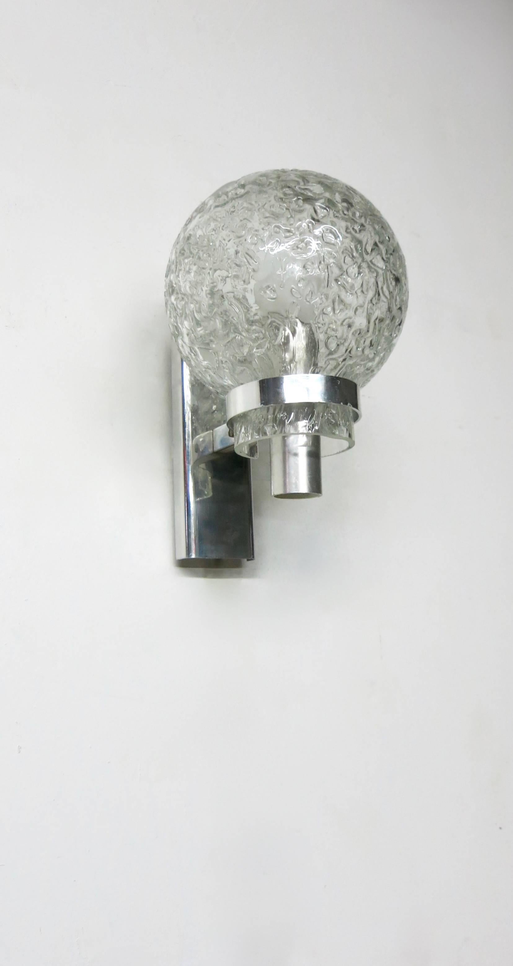Mid-Century Modern Pair of Sconces chrome with textured glass shade Circa 1970 Made in Italy